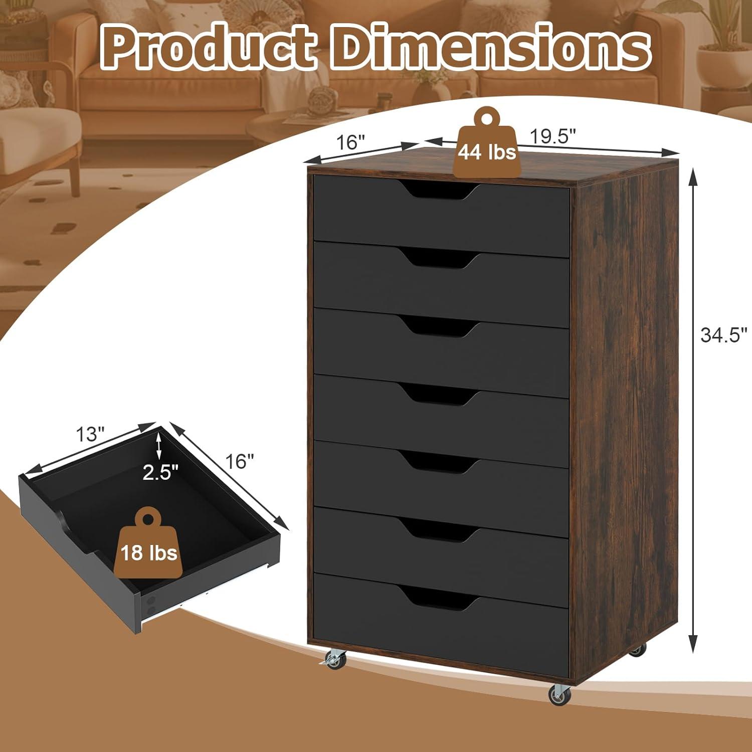 image:imageGiantex 5Drawer Storage Cabinet Mobile Lateral File Cabinet with Drawers Wheels Rolling Chest of Drawers 195 x 16 x 255 for Office Under Desk Living Room StudyRustic Brownblack