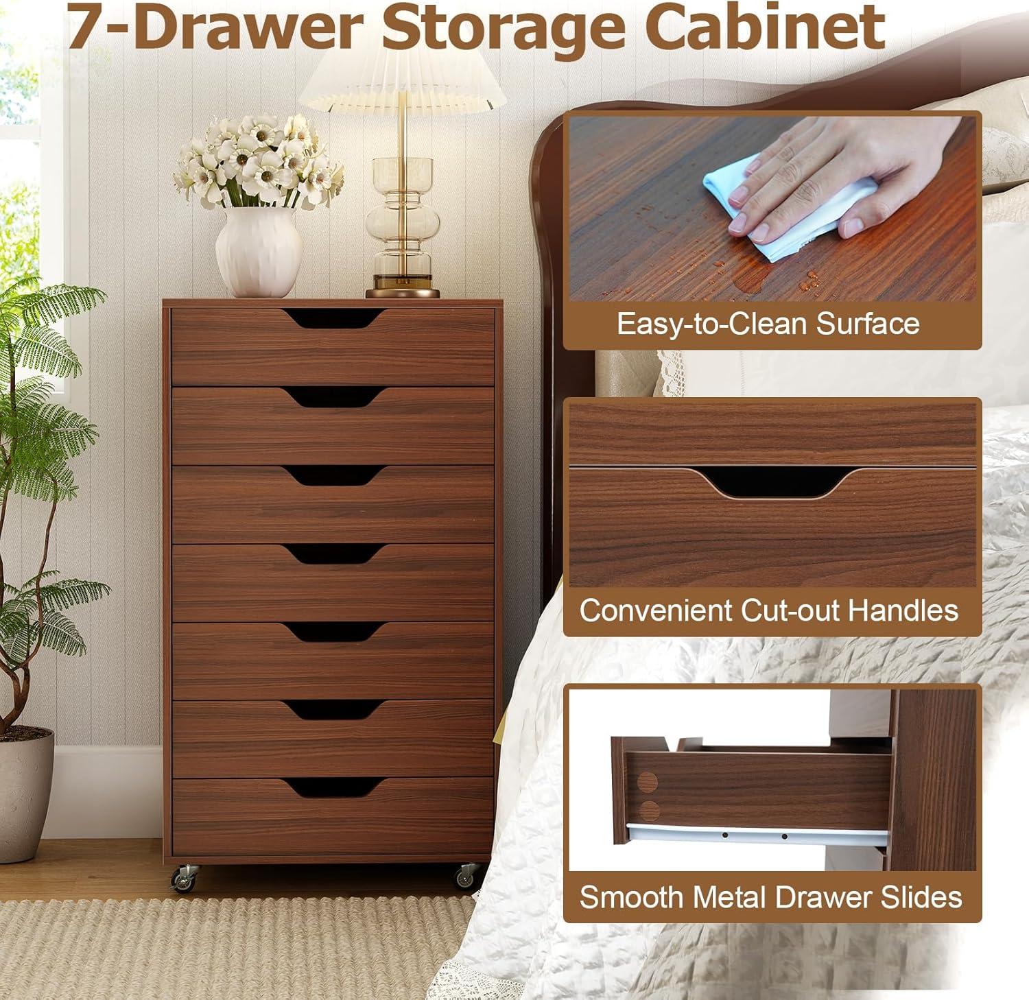 image:imageGiantex 5Drawer Storage Cabinet Mobile Lateral File Cabinet with Drawers Wheels Rolling Chest of Drawers 195 x 16 x 255 for Office Under Desk Living Room StudyWalnut