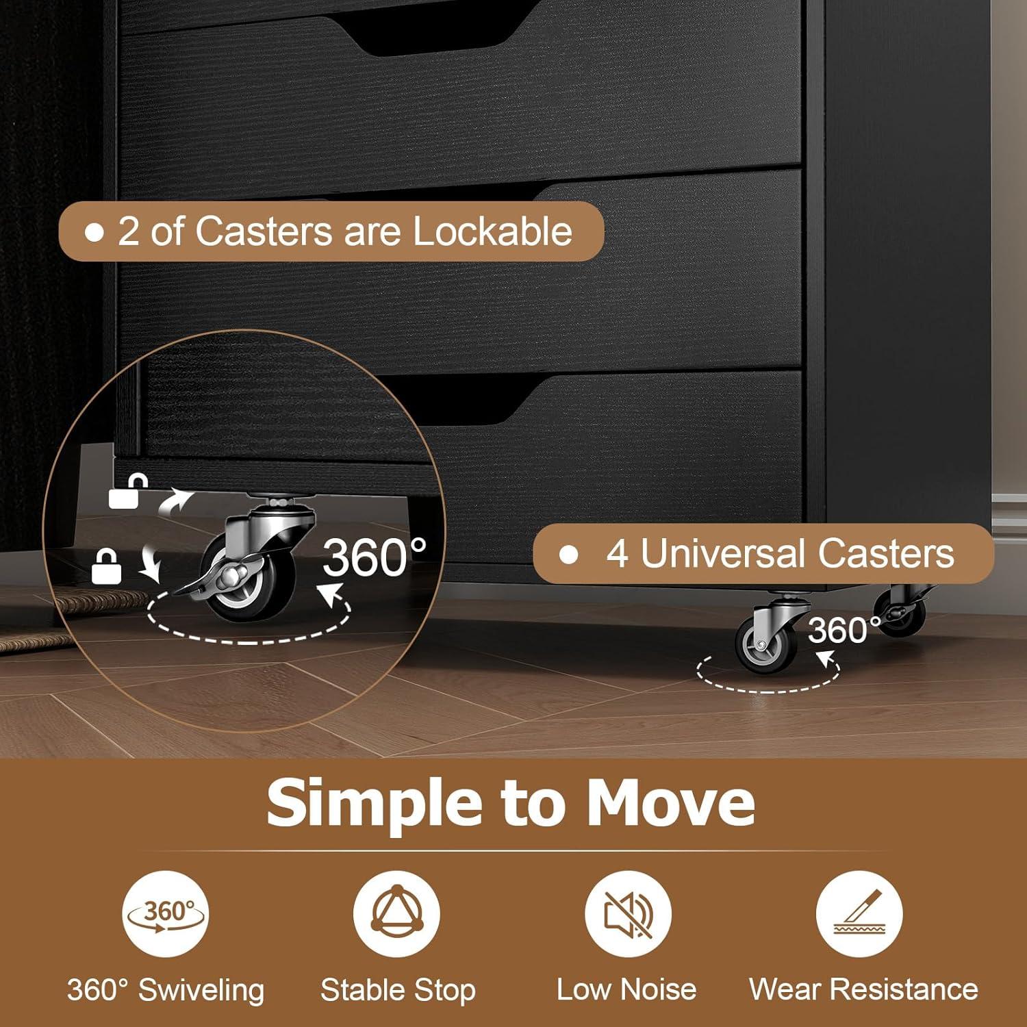 image:imageGiantex 5Drawer Storage Cabinet Mobile Lateral File Cabinet with Drawers Wheels Rolling Chest of Drawers 195 x 16 x 255 for Office Under Desk Living Room StudyBlack