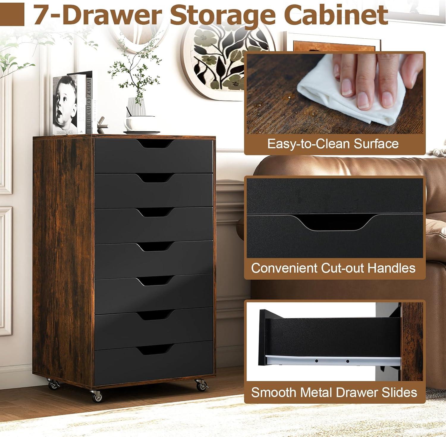 image:imageGiantex 5Drawer Storage Cabinet Mobile Lateral File Cabinet with Drawers Wheels Rolling Chest of Drawers 195 x 16 x 255 for Office Under Desk Living Room StudyRustic Brownblack