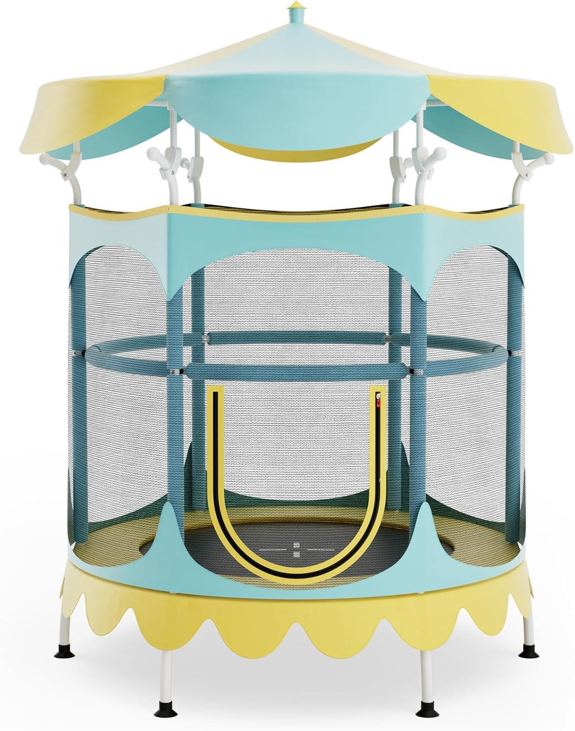 image:imageGiantex 5Ft Trampoline for Kids 60 Carousel Toddler Trampoline with Detachable Shade Cover Seamless Design Outdoor Indoor Mini Small Cute Trampoline for Boys Girls Aged 36 GiftYellowGreen