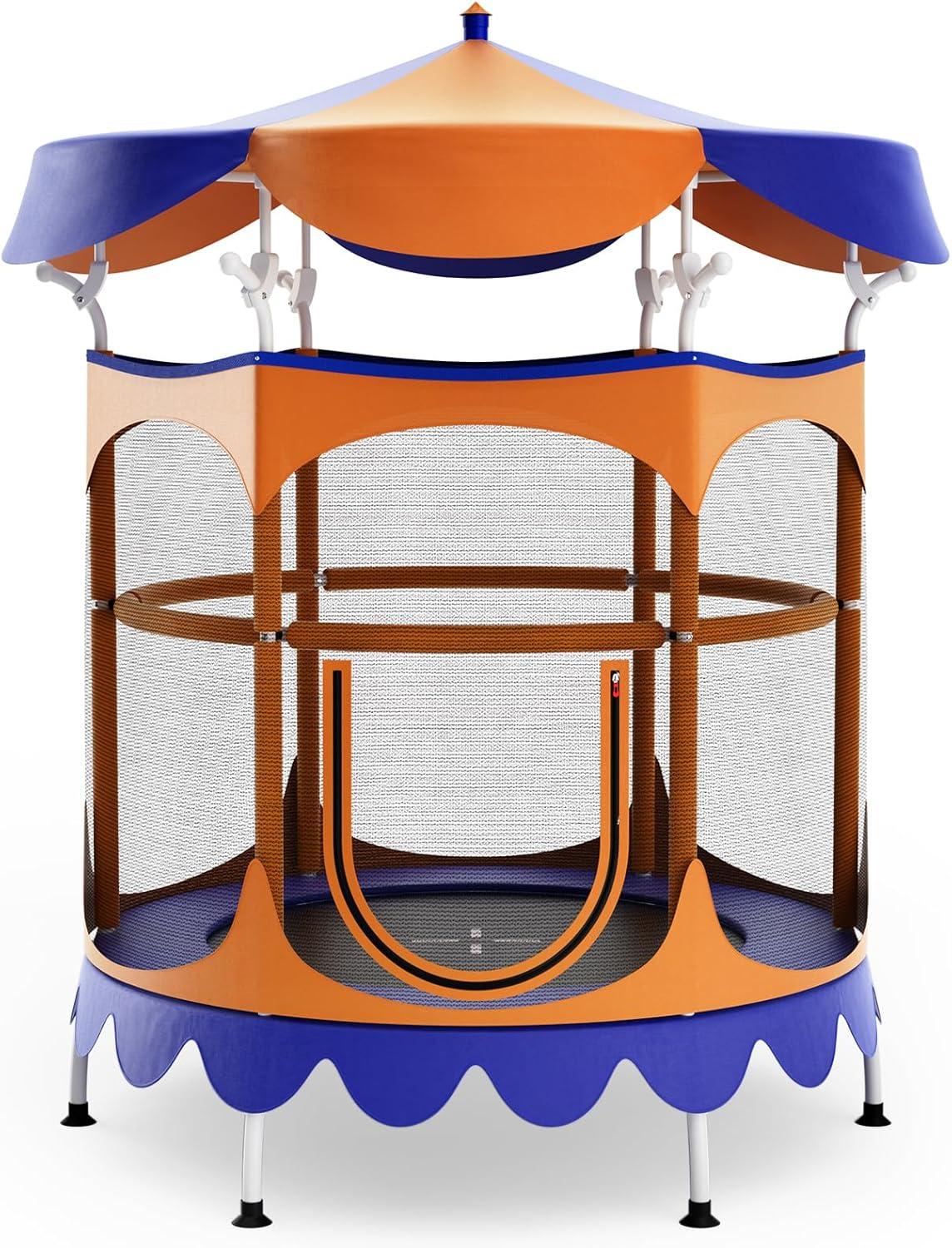 image:imageGiantex 5Ft Trampoline for Kids 60 Carousel Toddler Trampoline with Detachable Shade Cover Seamless Design Outdoor Indoor Mini Small Cute Trampoline for Boys Girls Aged 36 GiftOrangeBlue