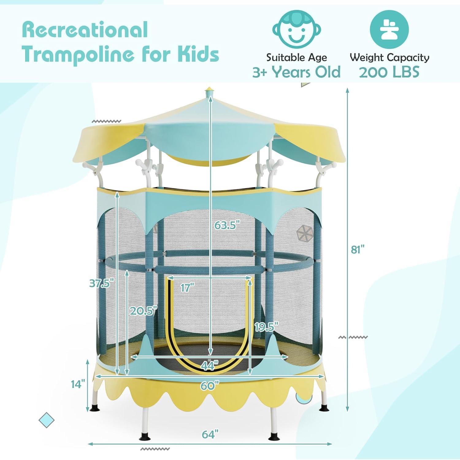 image:imageGiantex 5Ft Trampoline for Kids 60 Carousel Toddler Trampoline with Detachable Shade Cover Seamless Design Outdoor Indoor Mini Small Cute Trampoline for Boys Girls Aged 36 GiftYellowGreen
