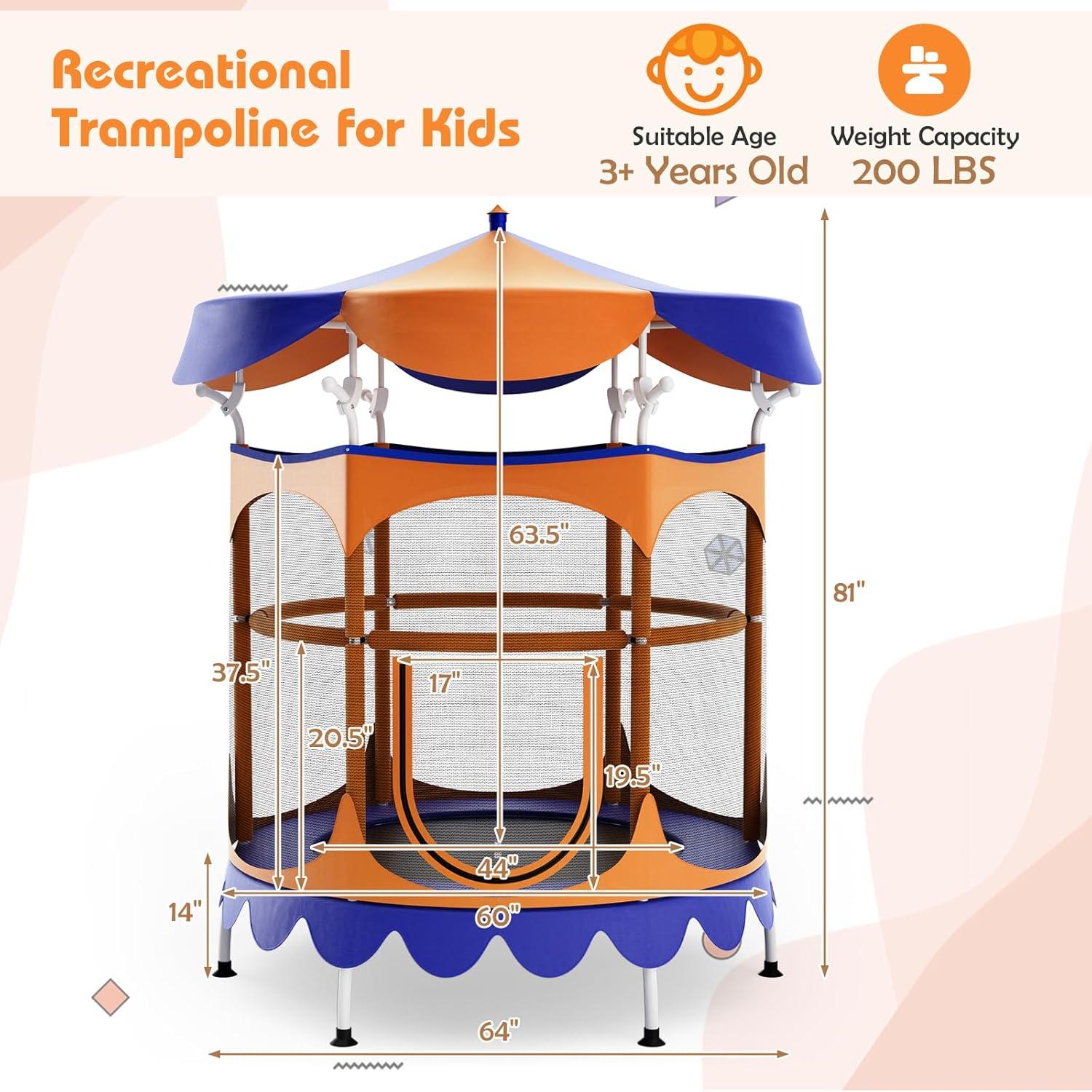 image:imageGiantex 5Ft Trampoline for Kids 60 Carousel Toddler Trampoline with Detachable Shade Cover Seamless Design Outdoor Indoor Mini Small Cute Trampoline for Boys Girls Aged 36 GiftOrangeBlue