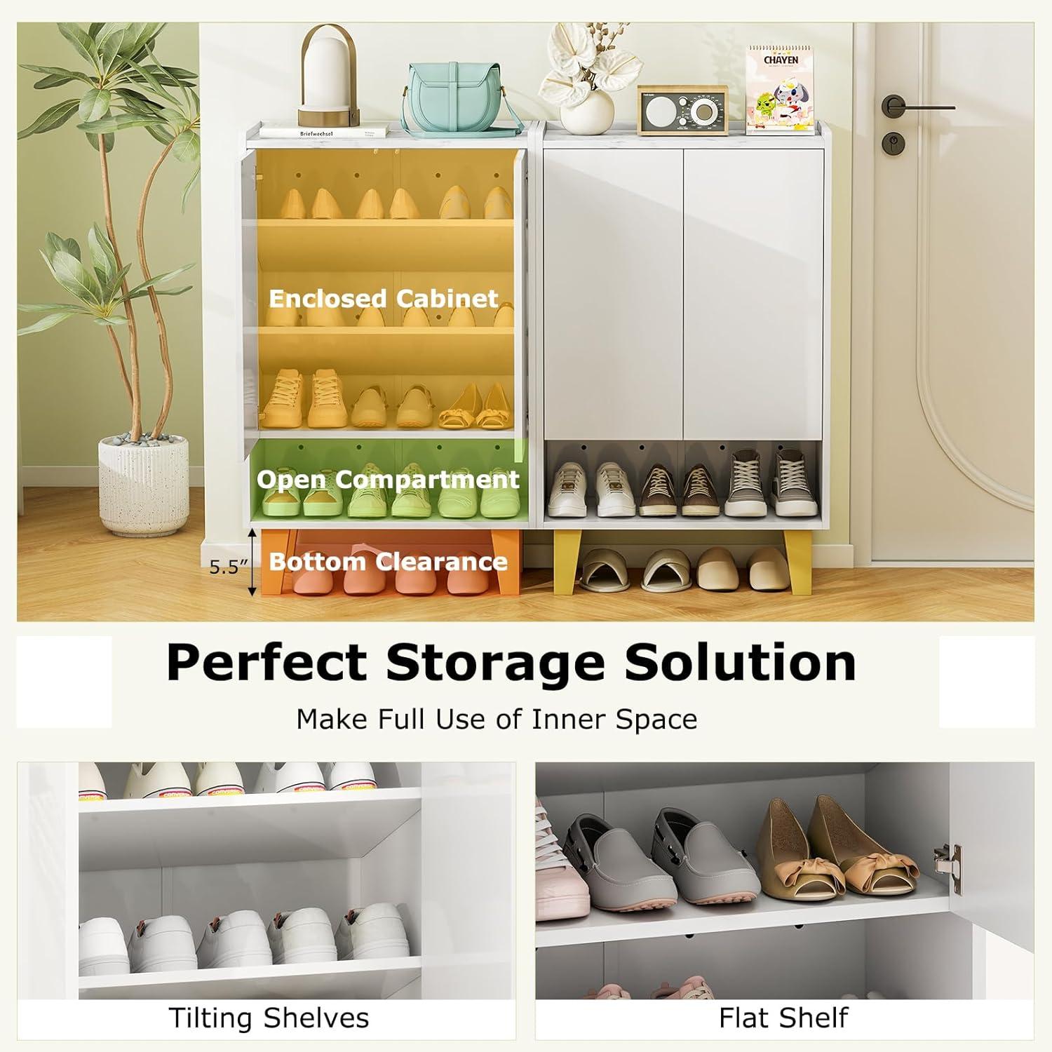 image:imageGiantex 5Tier Shoe Cabinet with Doors Faux Marble Shoe Rack Organizer with AntiTipping Kit amp Flat Tilting Storage Shelves Wooden Shoe Storage Cabinet for Entryway Hallway Living Room White