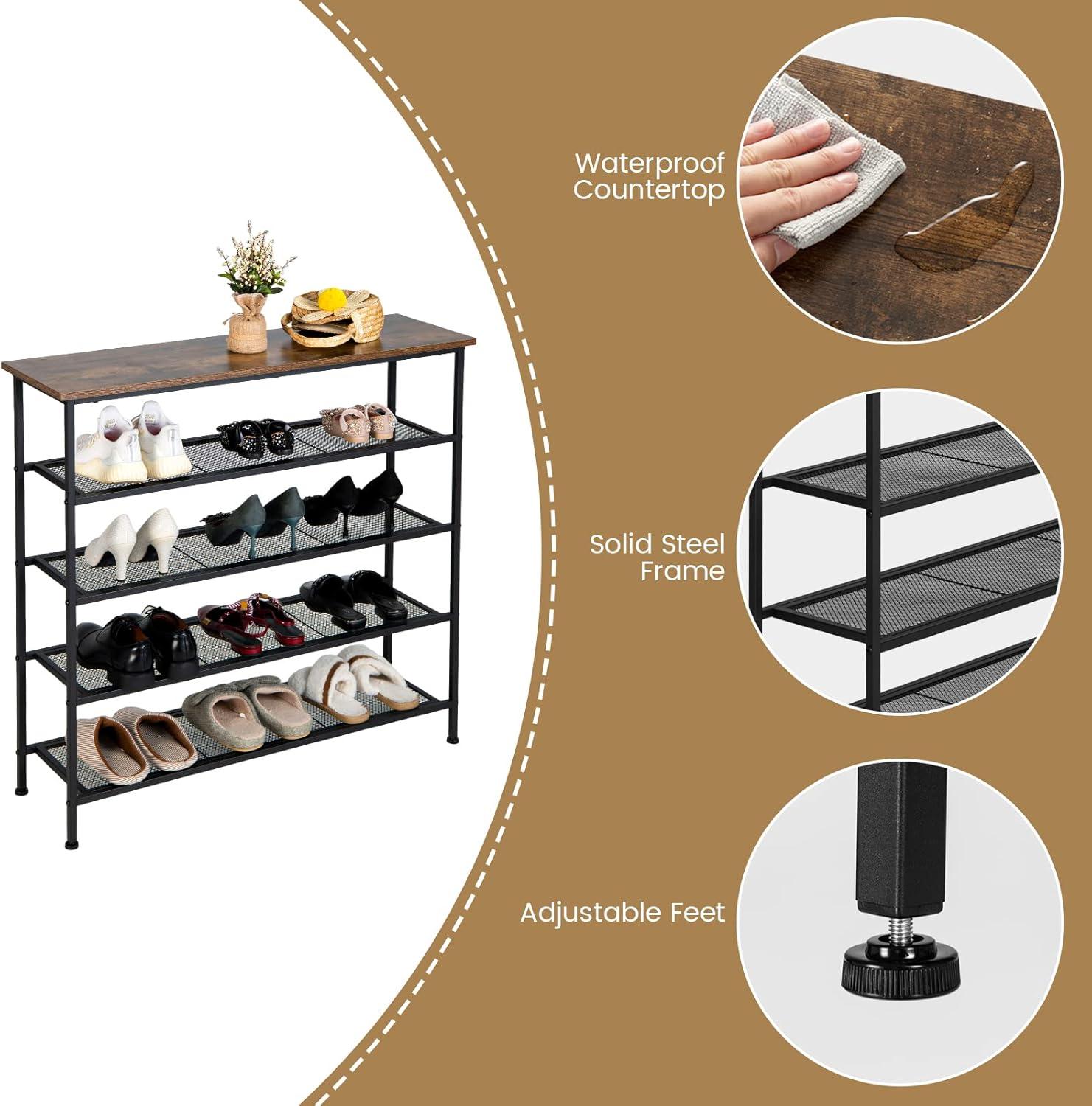 image:imageGiantex 5Tier Shoe Rack Industrial Adjustable Metal Shoe Storage Organizer w 4 Metal Mesh Shelves for 1620 Pairs Adjustable Feet Heavy Duty Steel Frame for Entryway Hallway Dorm Rustic BrownRustic Brown