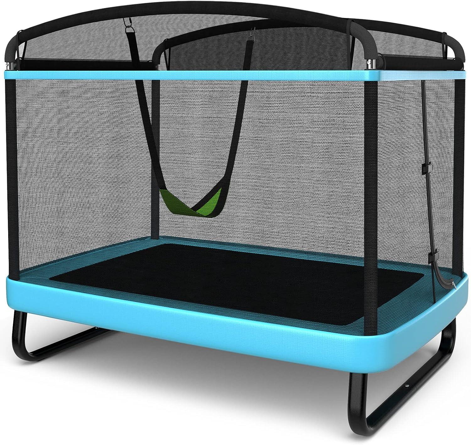 image:imageGiantex 6 FT Trampoline for Kids Toddler Rebounder with Swing amp Safety Enclosure Net ASTM Approved Rectangle Indoor amp Outdoor Mini Kids TrampolineBlue