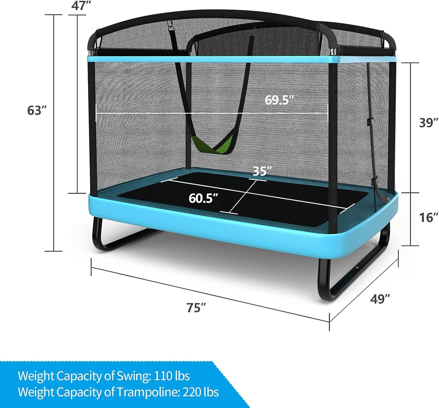 image:imageGiantex 6 FT Trampoline for Kids Toddler Rebounder with Swing amp Safety Enclosure Net ASTM Approved Rectangle Indoor amp Outdoor Mini Kids TrampolineBlue