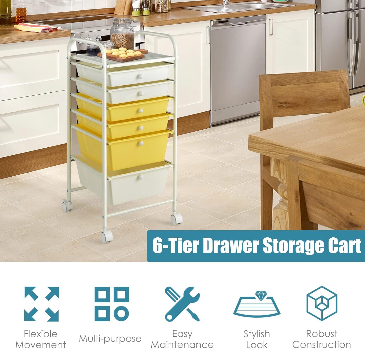 image:imageGiantex 6 Storage Drawer Cart Rolling Organizer Cart for Tools Scrapbook Paper Home Office School Multipurpose Mobile Utility Cart Black GradientBeigeYellow