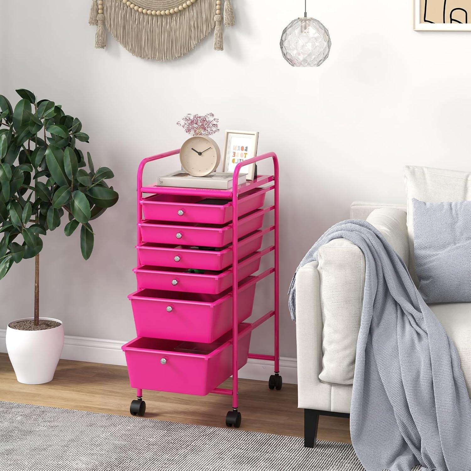 image:imageGiantex 6 Storage Drawer Cart Rolling Organizer Cart for Tools Scrapbook Paper Home Office School Multipurpose Mobile Utility Cart Black GradientHot Pink