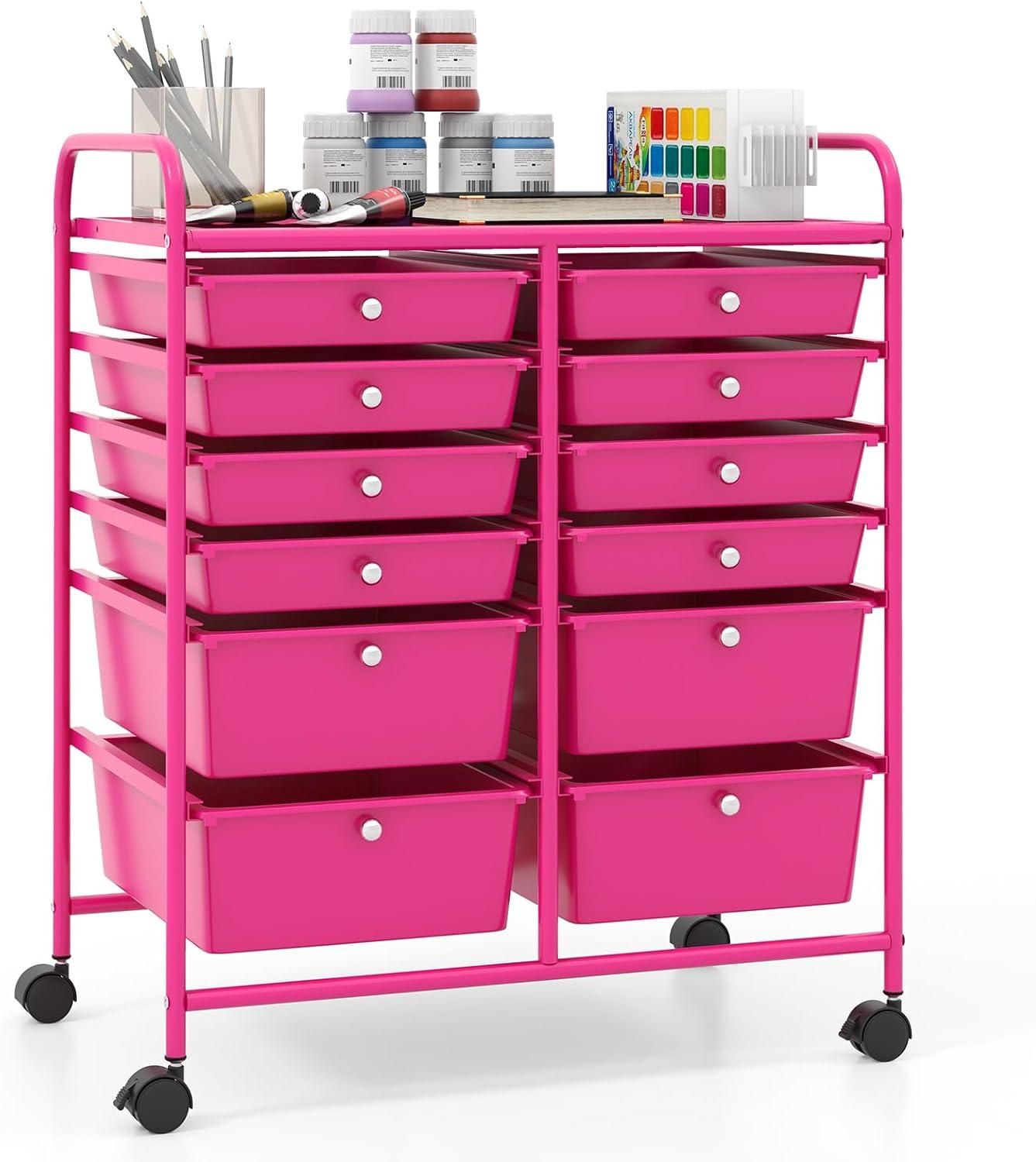 image:imageGiantex 6 Storage Drawer Cart Rolling Organizer Cart for Tools Scrapbook Paper Home Office School Multipurpose Mobile Utility Cart Black GradientHot Pink