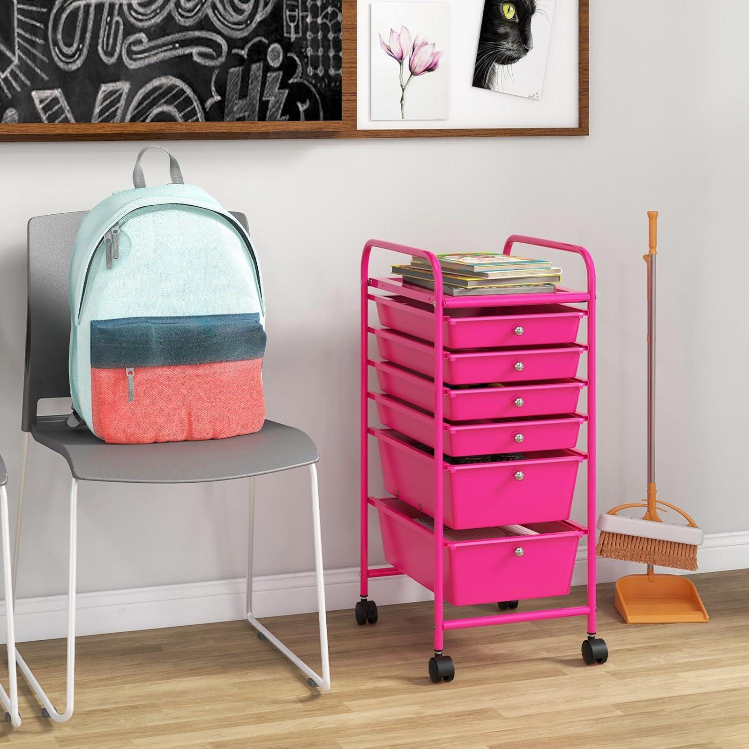 image:imageGiantex 6 Storage Drawer Cart Rolling Organizer Cart for Tools Scrapbook Paper Home Office School Multipurpose Mobile Utility Cart Black GradientHot Pink