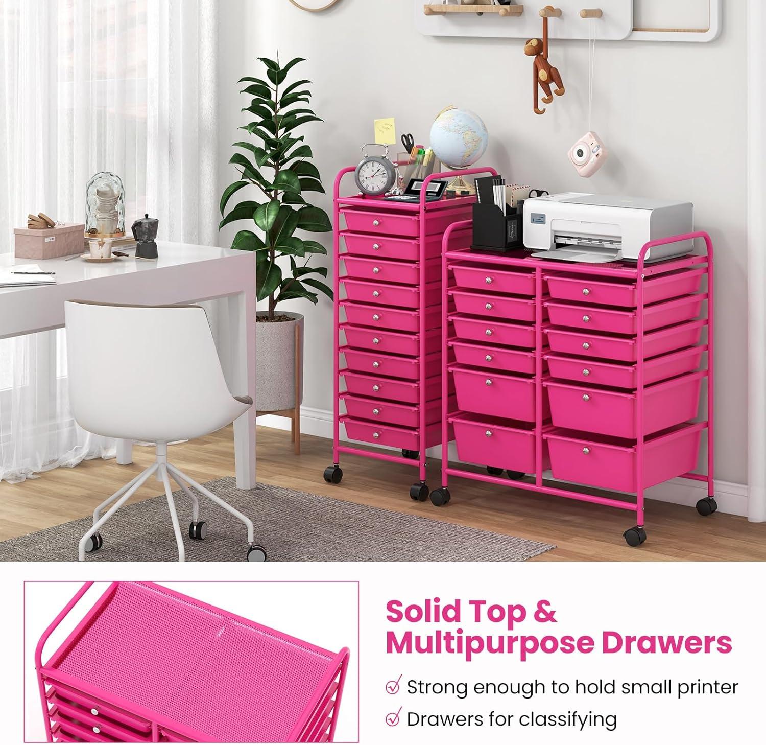 image:imageGiantex 6 Storage Drawer Cart Rolling Organizer Cart for Tools Scrapbook Paper Home Office School Multipurpose Mobile Utility Cart Black GradientHot Pink