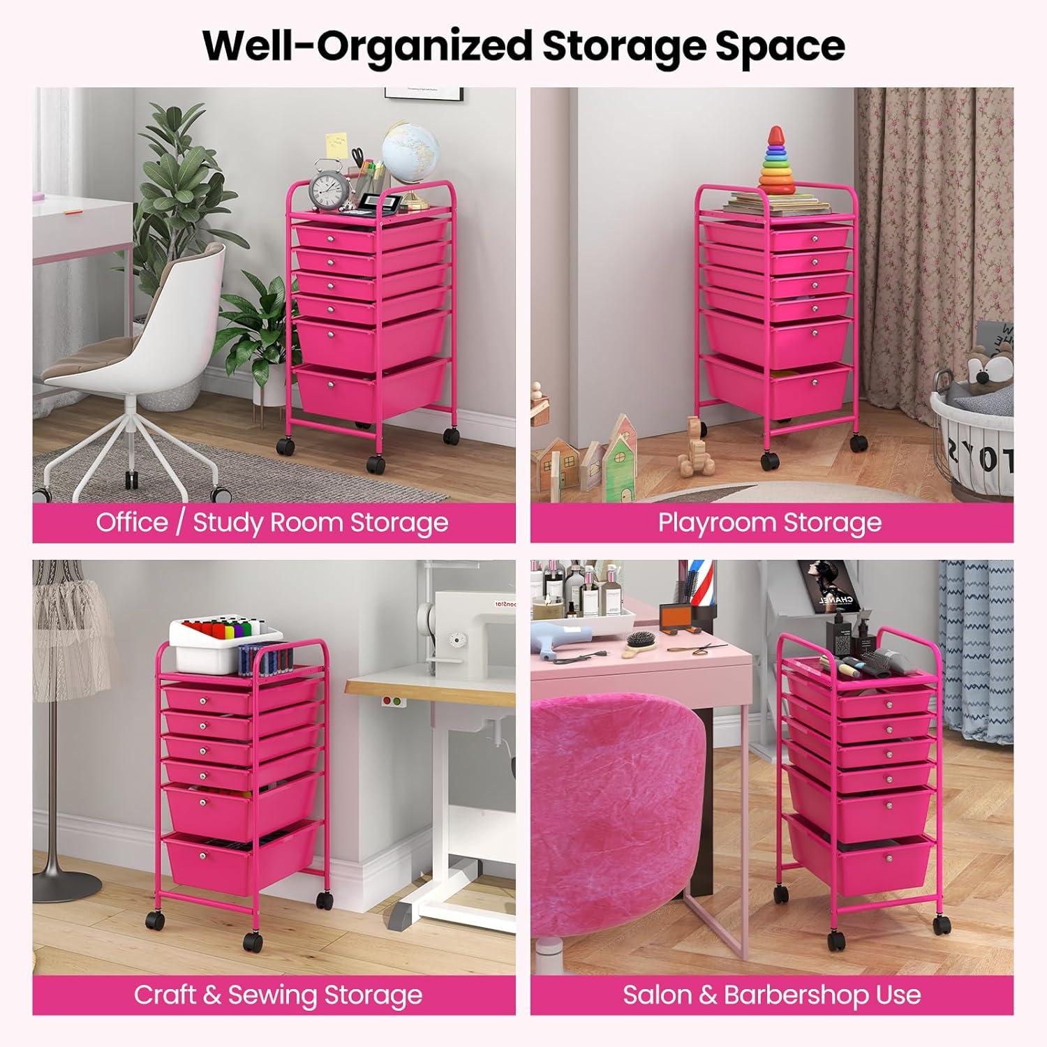 image:imageGiantex 6 Storage Drawer Cart Rolling Organizer Cart for Tools Scrapbook Paper Home Office School Multipurpose Mobile Utility Cart Black GradientHot Pink
