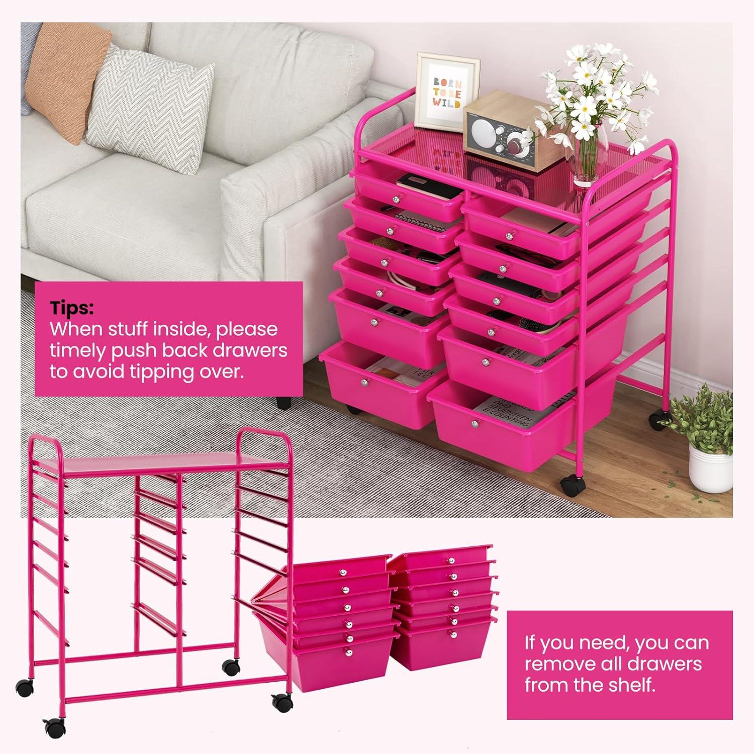 image:imageGiantex 6 Storage Drawer Cart Rolling Organizer Cart for Tools Scrapbook Paper Home Office School Multipurpose Mobile Utility Cart Black GradientHot Pink