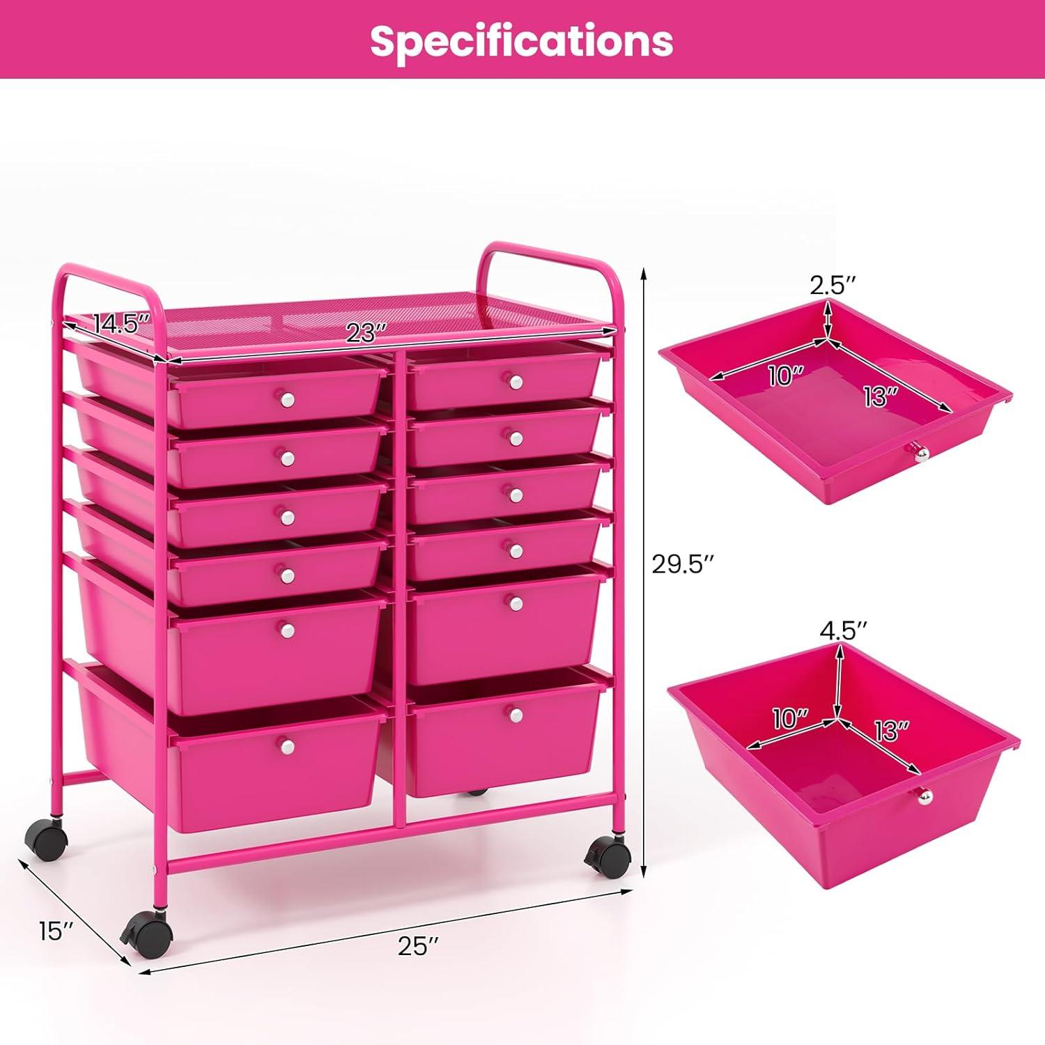 image:imageGiantex 6 Storage Drawer Cart Rolling Organizer Cart for Tools Scrapbook Paper Home Office School Multipurpose Mobile Utility Cart Black GradientHot Pink