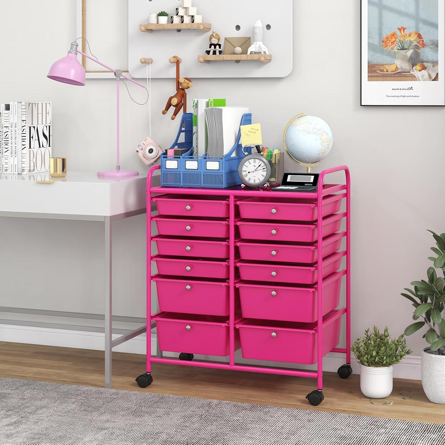 image:imageGiantex 6 Storage Drawer Cart Rolling Organizer Cart for Tools Scrapbook Paper Home Office School Multipurpose Mobile Utility Cart Black GradientHot Pink
