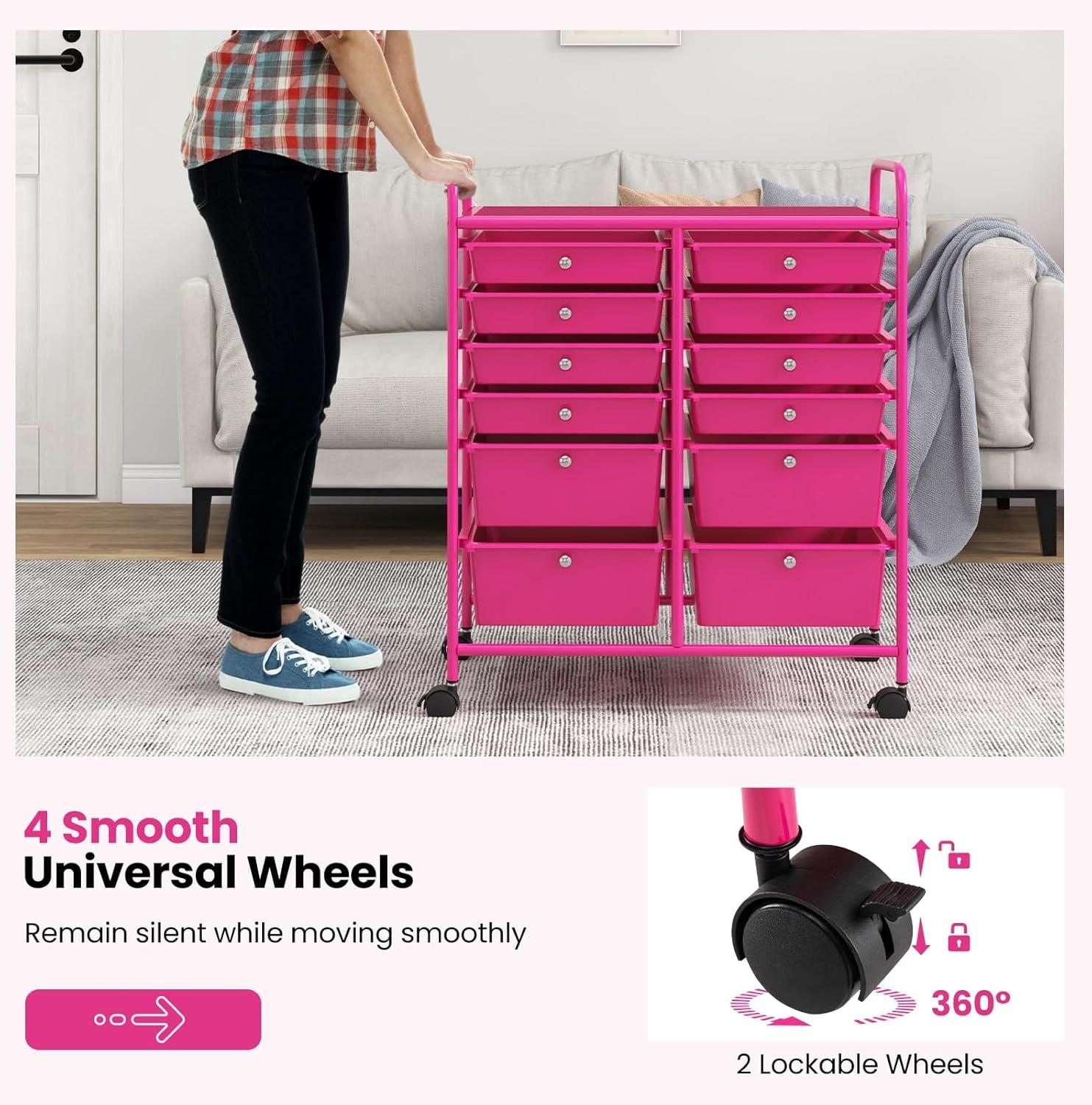 image:imageGiantex 6 Storage Drawer Cart Rolling Organizer Cart for Tools Scrapbook Paper Home Office School Multipurpose Mobile Utility Cart Black GradientHot Pink