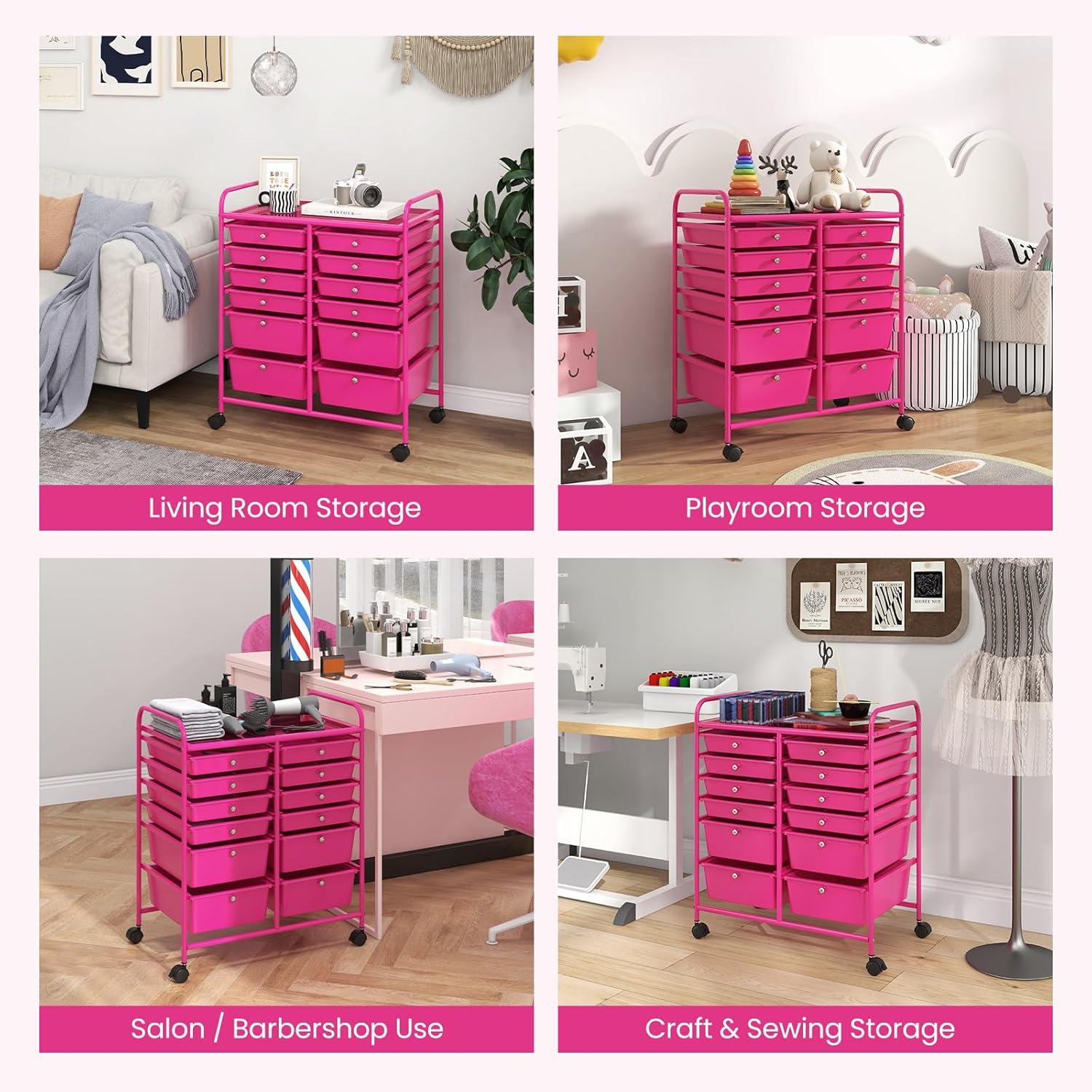 image:imageGiantex 6 Storage Drawer Cart Rolling Organizer Cart for Tools Scrapbook Paper Home Office School Multipurpose Mobile Utility Cart Black GradientHot Pink
