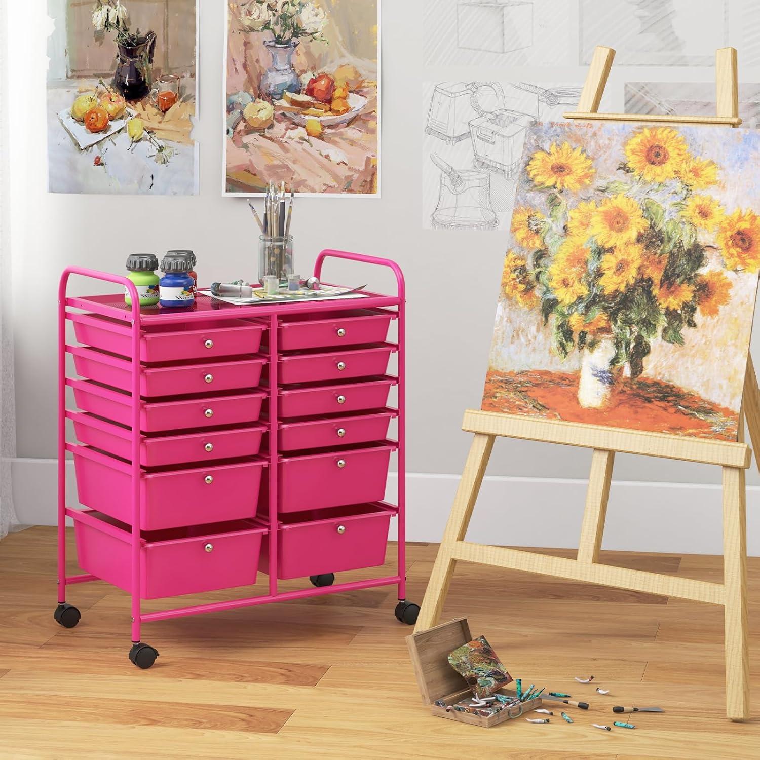 image:imageGiantex 6 Storage Drawer Cart Rolling Organizer Cart for Tools Scrapbook Paper Home Office School Multipurpose Mobile Utility Cart Black GradientHot Pink