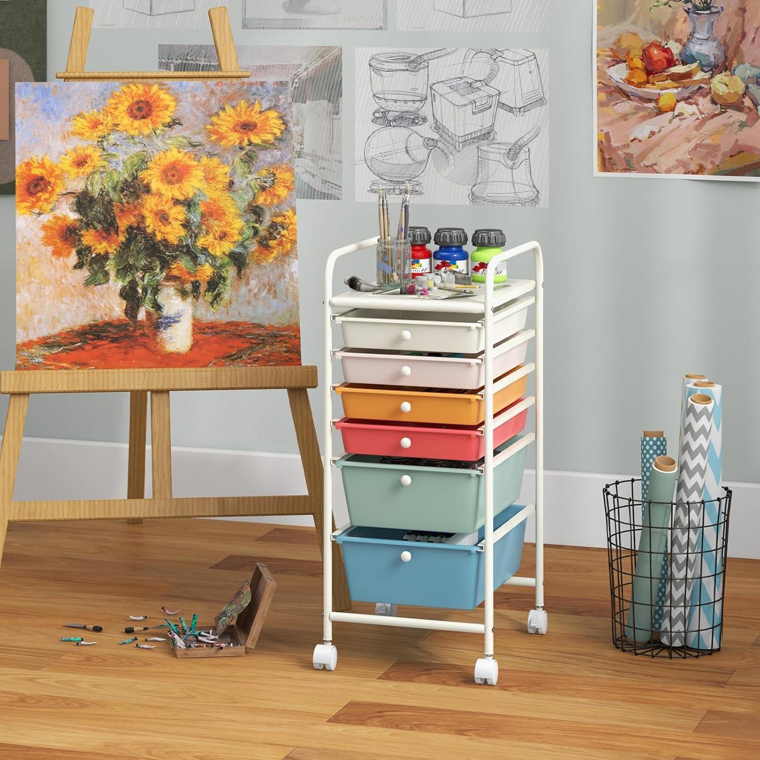 image:imageGiantex 6 Storage Drawer Cart Rolling Organizer Cart for Tools Scrapbook Paper Home Office School Multipurpose Mobile Utility Cart Black GradientMacaron