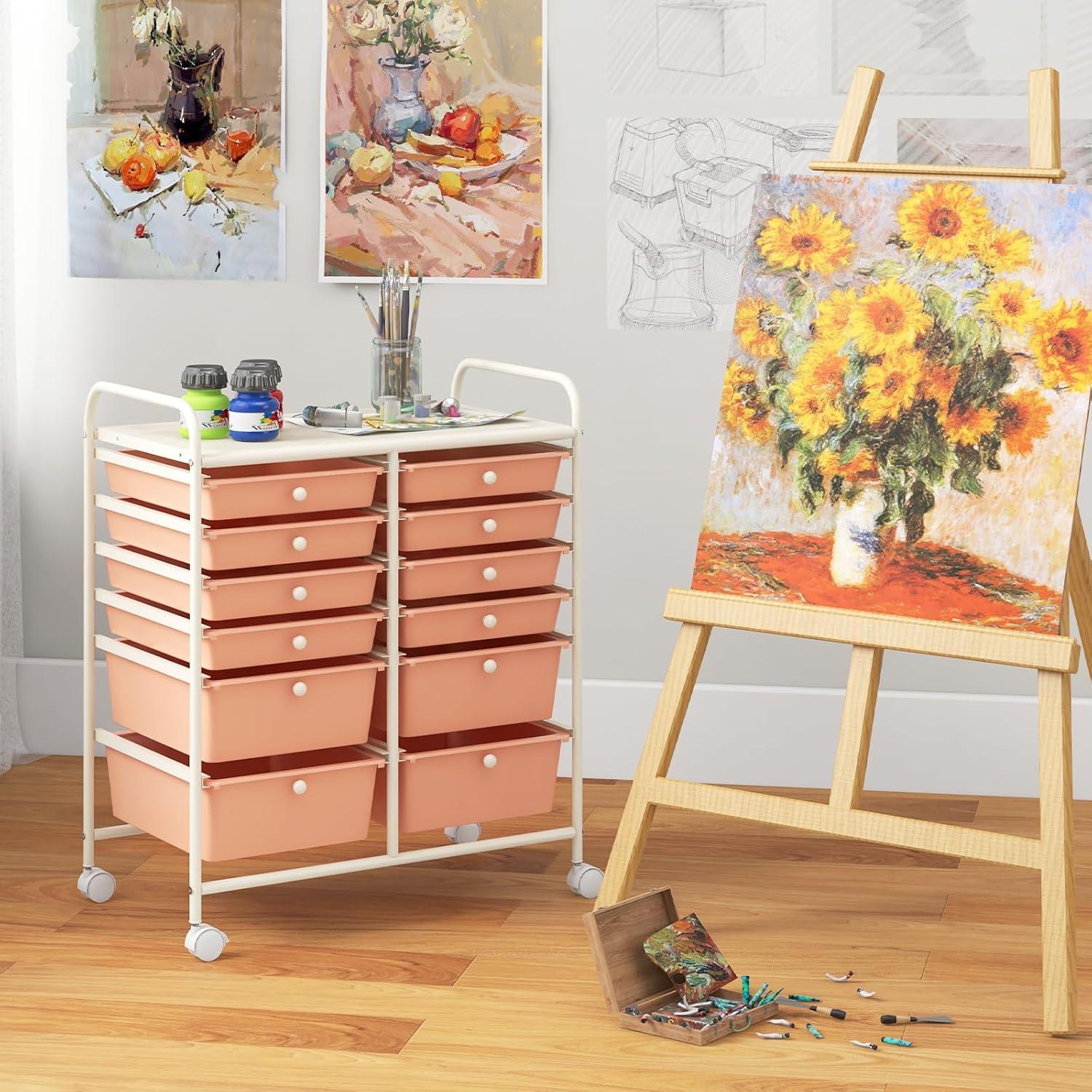 image:imageGiantex 6 Storage Drawer Cart Rolling Organizer Cart for Tools Scrapbook Paper Home Office School Multipurpose Mobile Utility Cart Black GradientPeach Fuzz