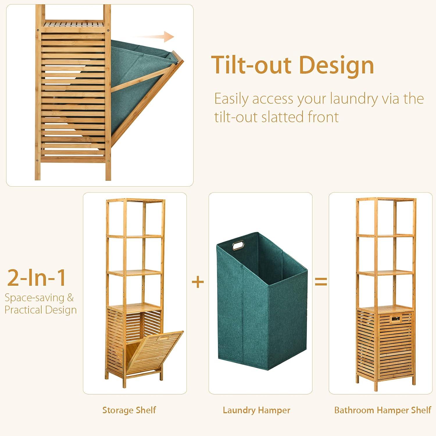 image:imageGiantex 63 Tilt Out Laundry Hamper and 4Tier Storage Shelves Removable Clothes Basket with Easy Carry Bamboo Tower Hamper Organizer Great for Bathroom Bedroom Laundry Room Closet Nursery