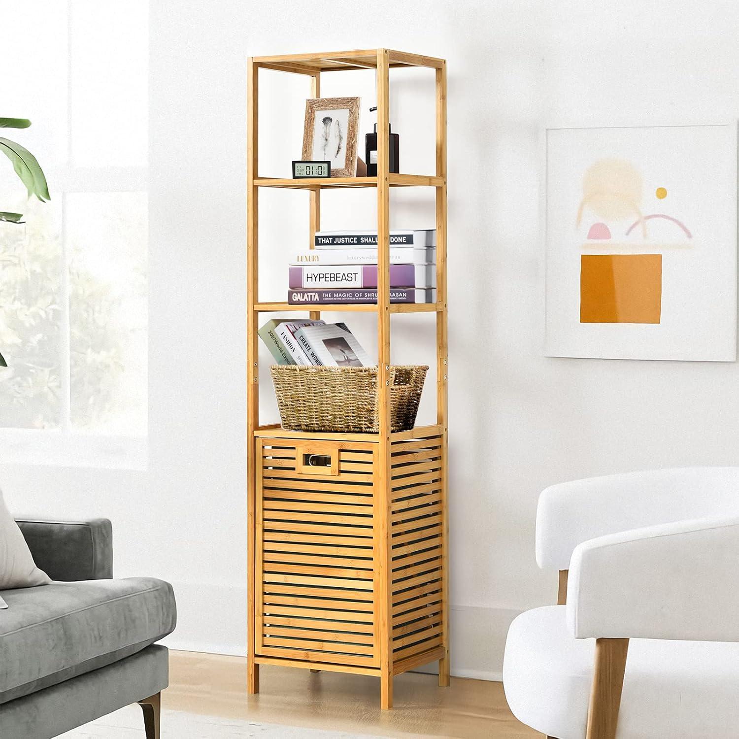 image:imageGiantex 63 Tilt Out Laundry Hamper and 4Tier Storage Shelves Removable Clothes Basket with Easy Carry Bamboo Tower Hamper Organizer Great for Bathroom Bedroom Laundry Room Closet Nursery