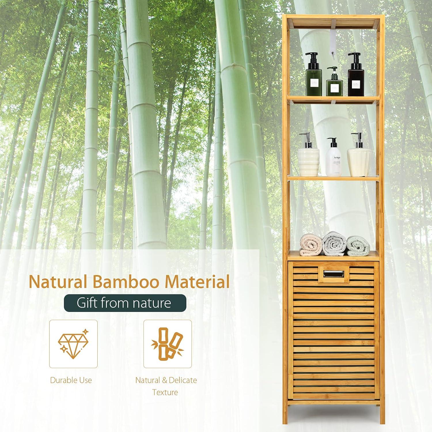 image:imageGiantex 63 Tilt Out Laundry Hamper and 4Tier Storage Shelves Removable Clothes Basket with Easy Carry Bamboo Tower Hamper Organizer Great for Bathroom Bedroom Laundry Room Closet Nursery