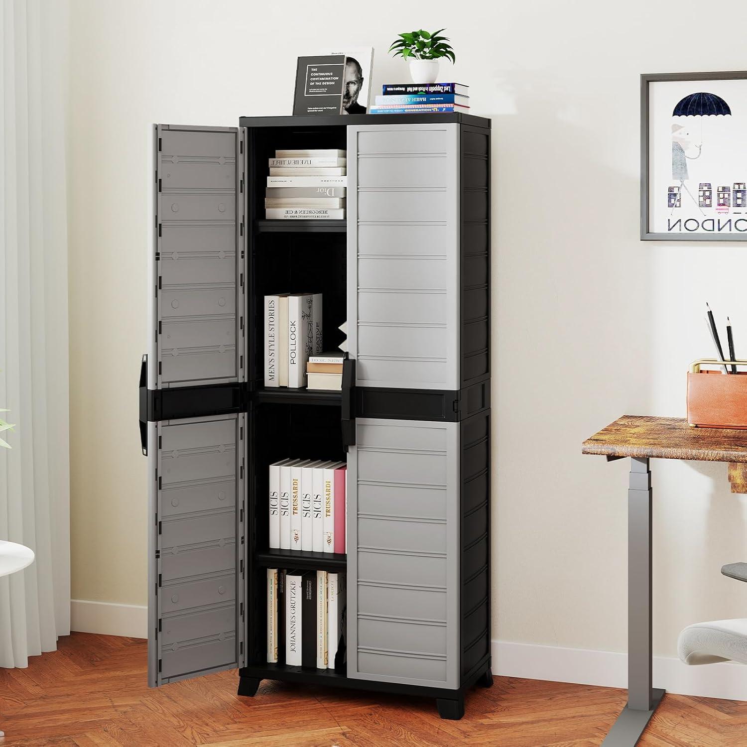 image:imageGiantex 68inches Garage Storage Cabinet PP Lockable Storage Shed with Doors Freestanding Tool Locker with 3 Adjustable Shelves HeavyDuty Shelving Unit for Pantry Basement Laundry Room Mudroom