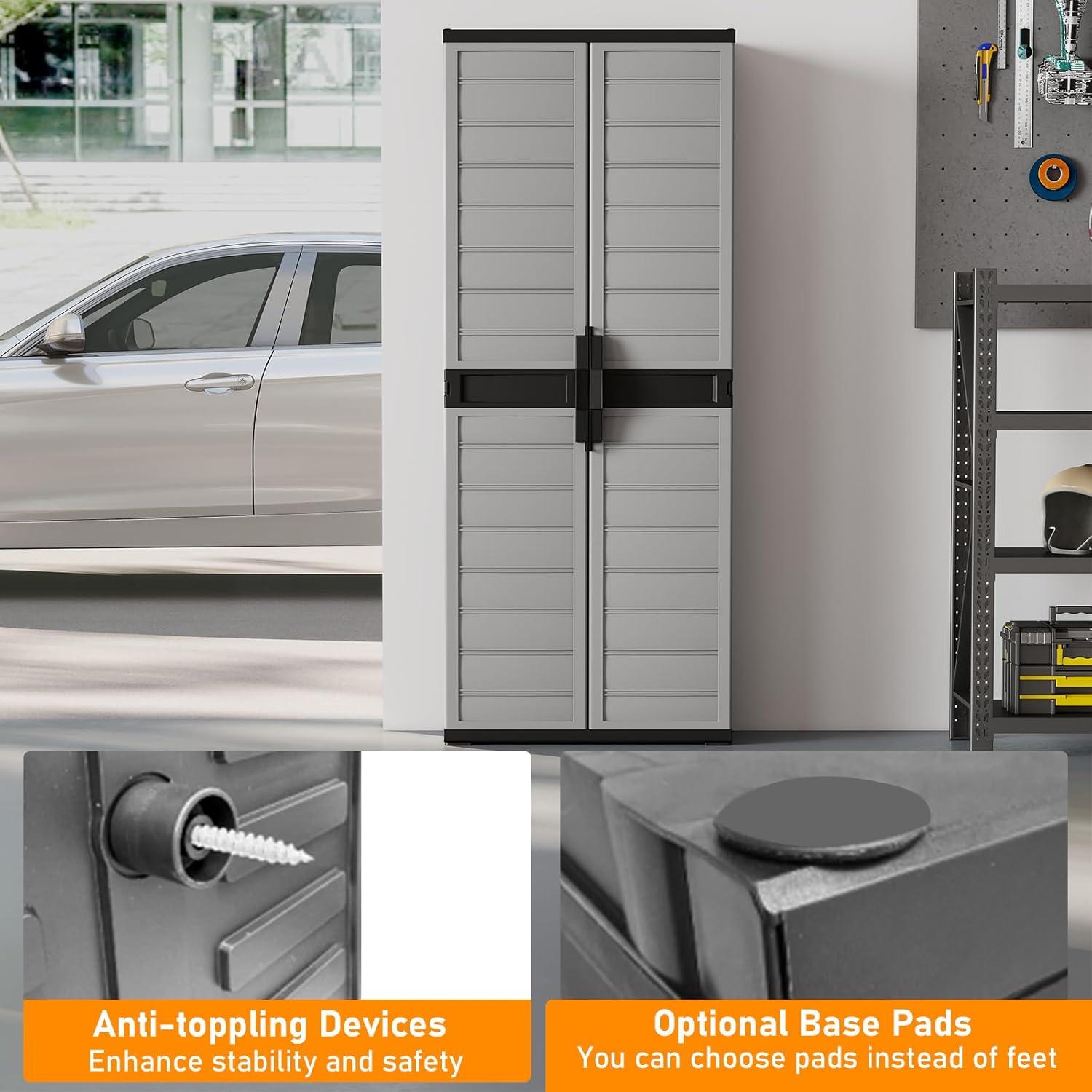 image:imageGiantex 68inches Garage Storage Cabinet PP Lockable Storage Shed with Doors Freestanding Tool Locker with 3 Adjustable Shelves HeavyDuty Shelving Unit for Pantry Basement Laundry Room Mudroom