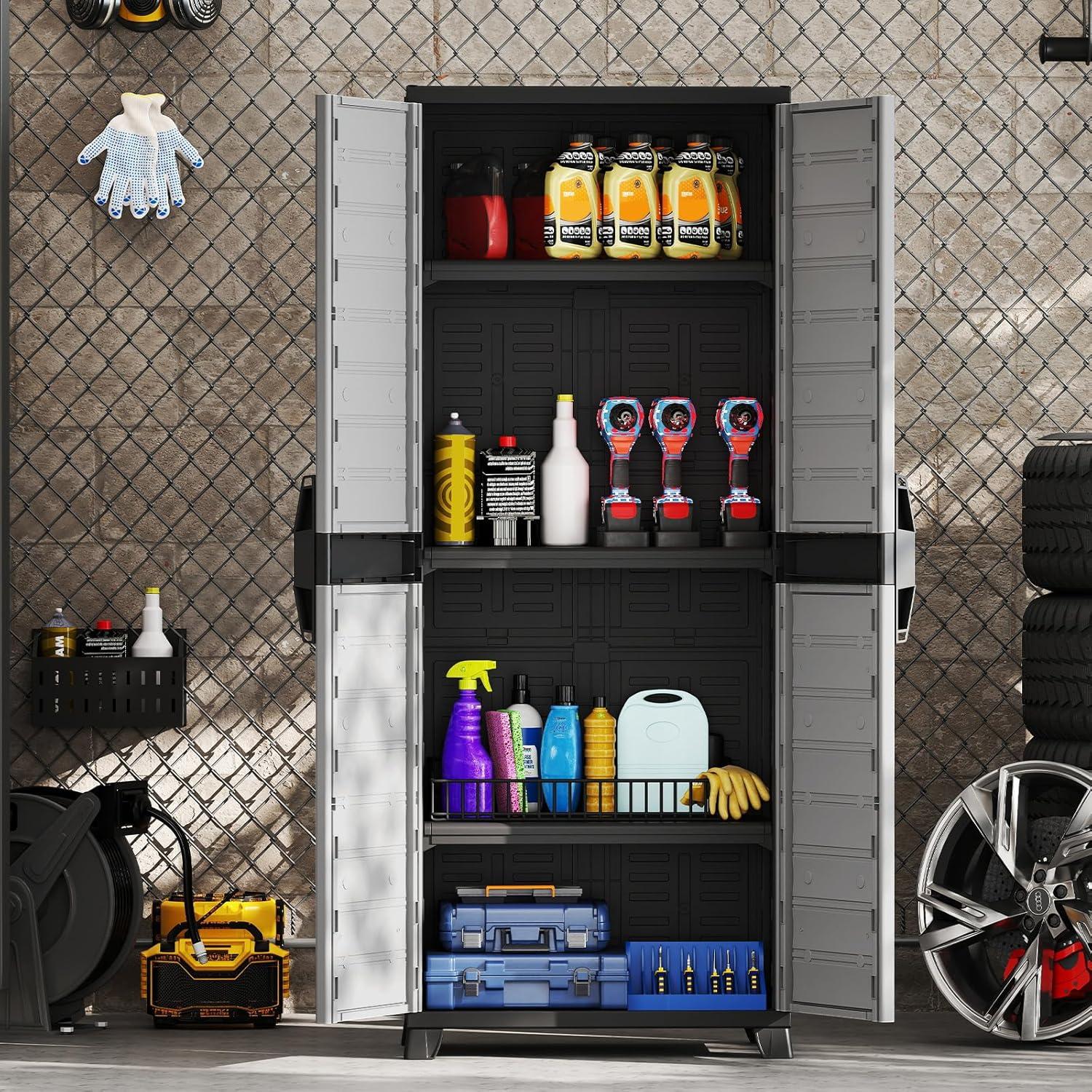 image:imageGiantex 68inches Garage Storage Cabinet PP Lockable Storage Shed with Doors Freestanding Tool Locker with 3 Adjustable Shelves HeavyDuty Shelving Unit for Pantry Basement Laundry Room Mudroom