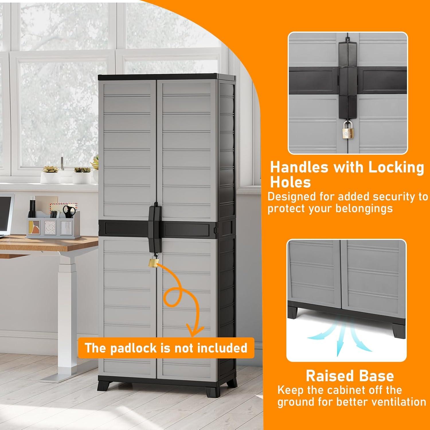 image:imageGiantex 68inches Garage Storage Cabinet PP Lockable Storage Shed with Doors Freestanding Tool Locker with 3 Adjustable Shelves HeavyDuty Shelving Unit for Pantry Basement Laundry Room Mudroom