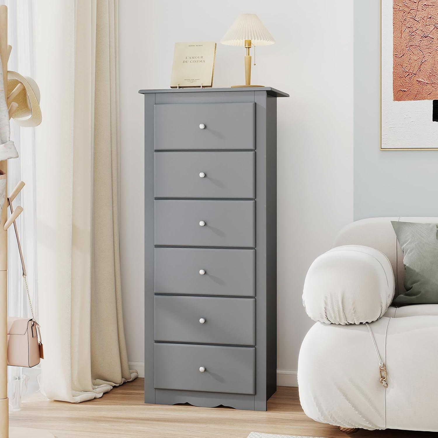 image:imageGiantex 6Drawer Dresser for Bedroom Wooden Chest of Drawers wMetal Handles amp Large Capacity 16 D x 235 W x 535 H Clothes Organizer Modern Tall Dresser for Bedroom Entryway Living RoomGrey