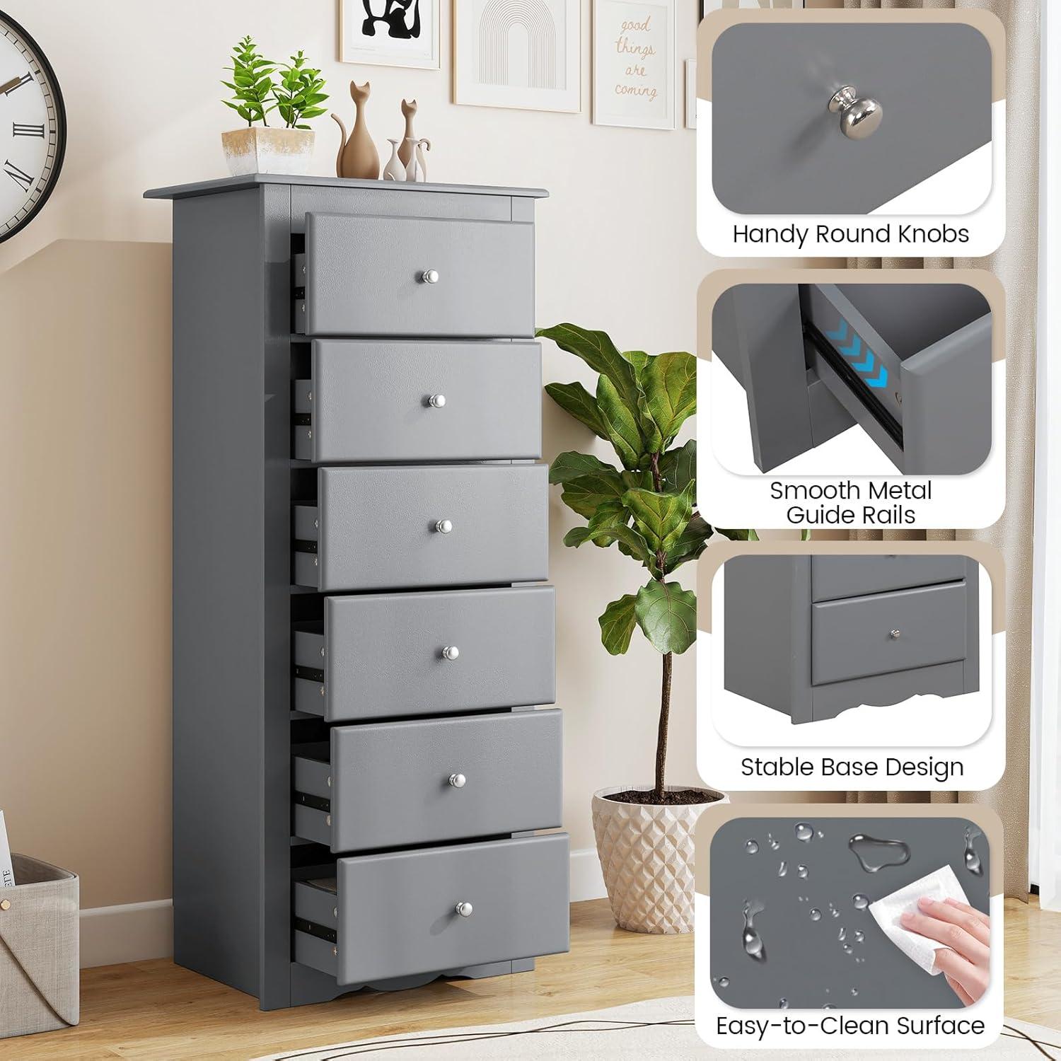 image:imageGiantex 6Drawer Dresser for Bedroom Wooden Chest of Drawers wMetal Handles amp Large Capacity 16 D x 235 W x 535 H Clothes Organizer Modern Tall Dresser for Bedroom Entryway Living RoomGrey