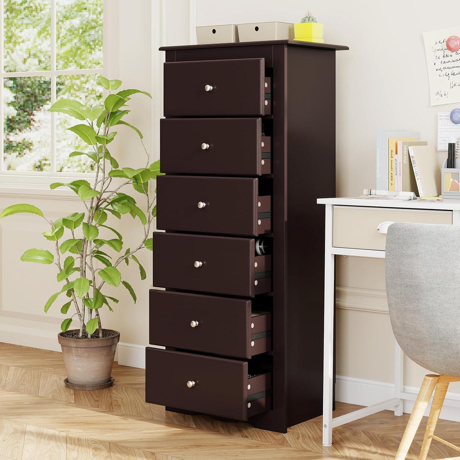 image:imageGiantex 6Drawer Dresser for Bedroom Wooden Chest of Drawers wMetal Handles amp Large Capacity 16 D x 235 W x 535 H Clothes Organizer Modern Tall Dresser for Bedroom Entryway Living RoomBrown