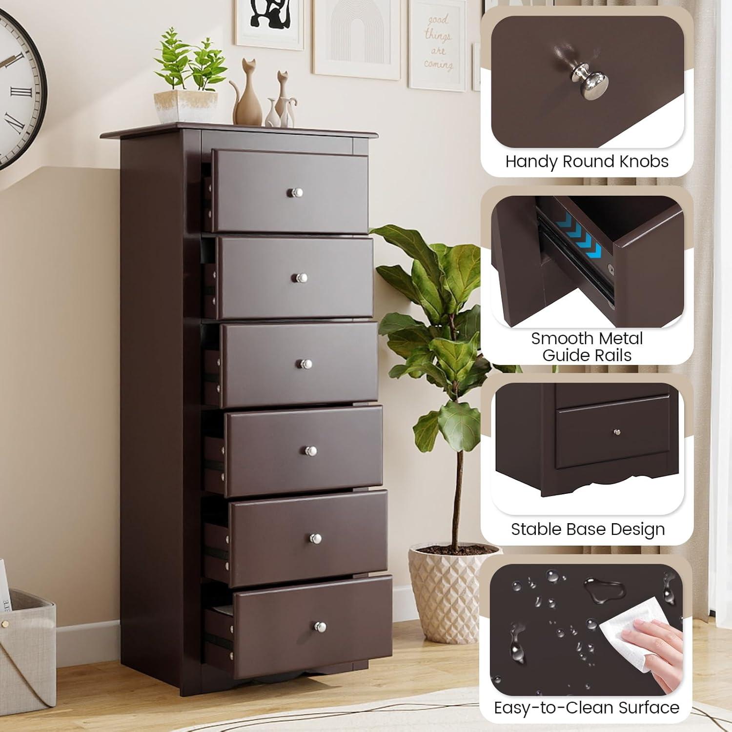 image:imageGiantex 6Drawer Dresser for Bedroom Wooden Chest of Drawers wMetal Handles amp Large Capacity 16 D x 235 W x 535 H Clothes Organizer Modern Tall Dresser for Bedroom Entryway Living RoomBrown