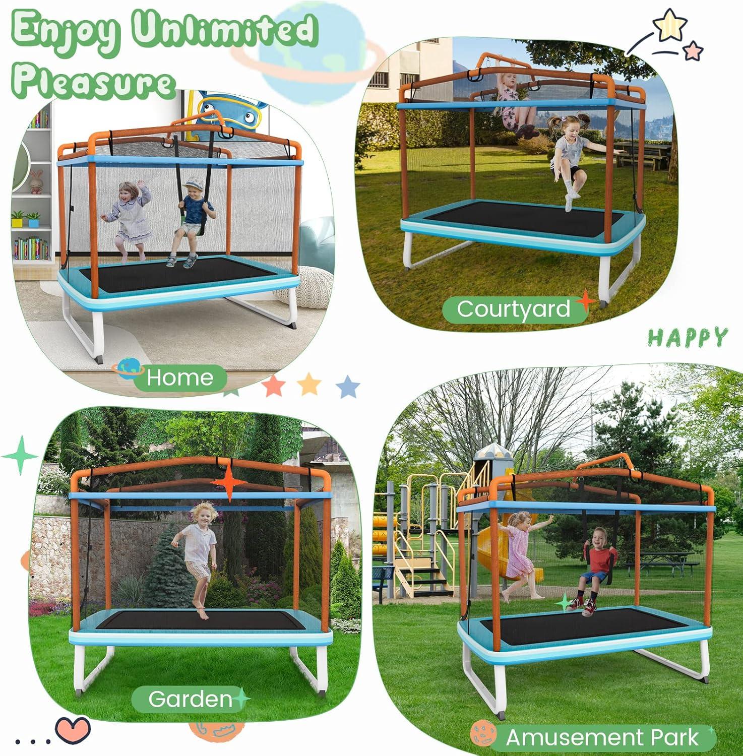 image:imageGiantex 6Ft Rectangle Trampoline with Swing ASTM Approved Mini Kids Trampoline with Net Horizontal Bar LShaped 2 Way Zippers Indoor Outdoor Small Recreational Trampoline for Toddler Age 3Blue Orange
