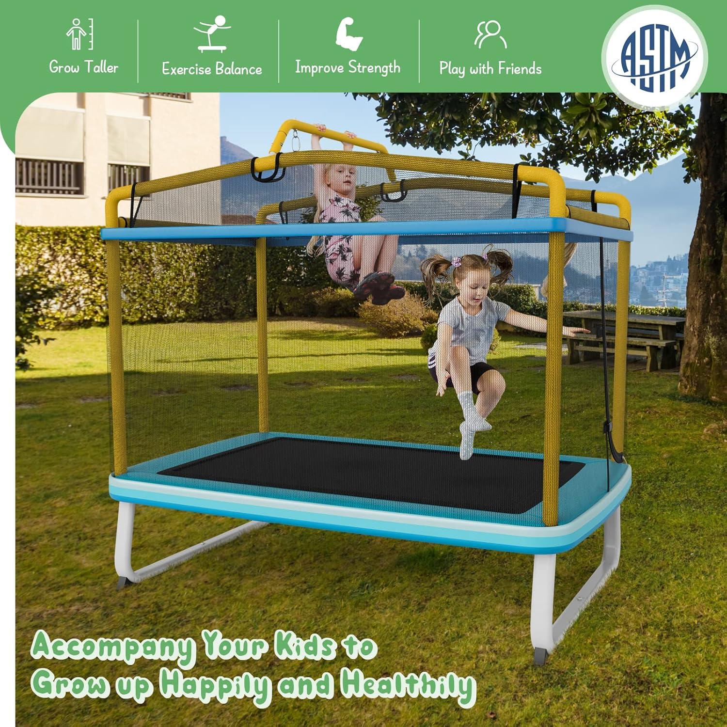image:imageGiantex 6Ft Rectangle Trampoline with Swing ASTM Approved Mini Kids Trampoline with Net Horizontal Bar LShaped 2 Way Zippers Indoor Outdoor Small Recreational Trampoline for Toddler Age 3Blue Yellow