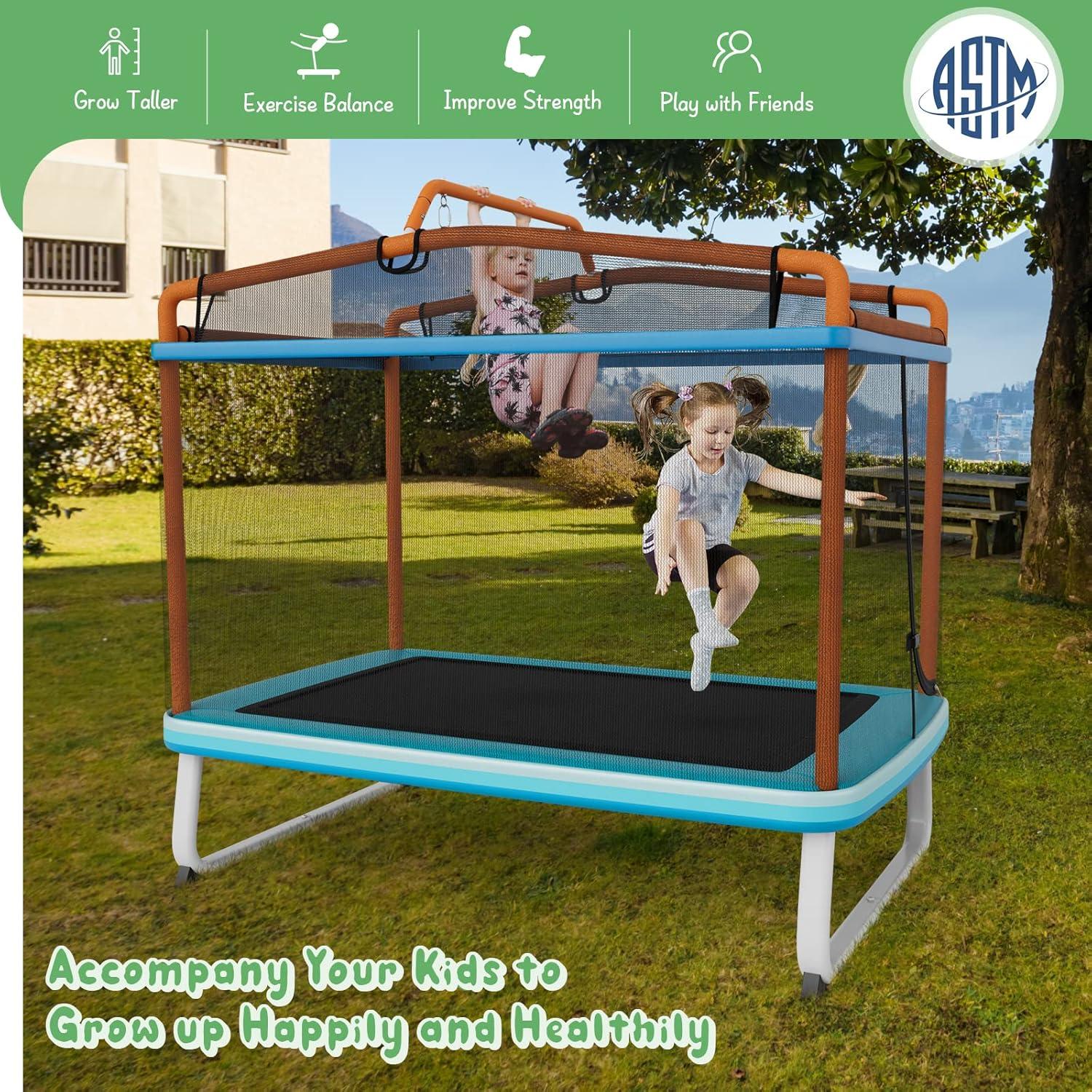 image:imageGiantex 6Ft Rectangle Trampoline with Swing ASTM Approved Mini Kids Trampoline with Net Horizontal Bar LShaped 2 Way Zippers Indoor Outdoor Small Recreational Trampoline for Toddler Age 3Blue Orange