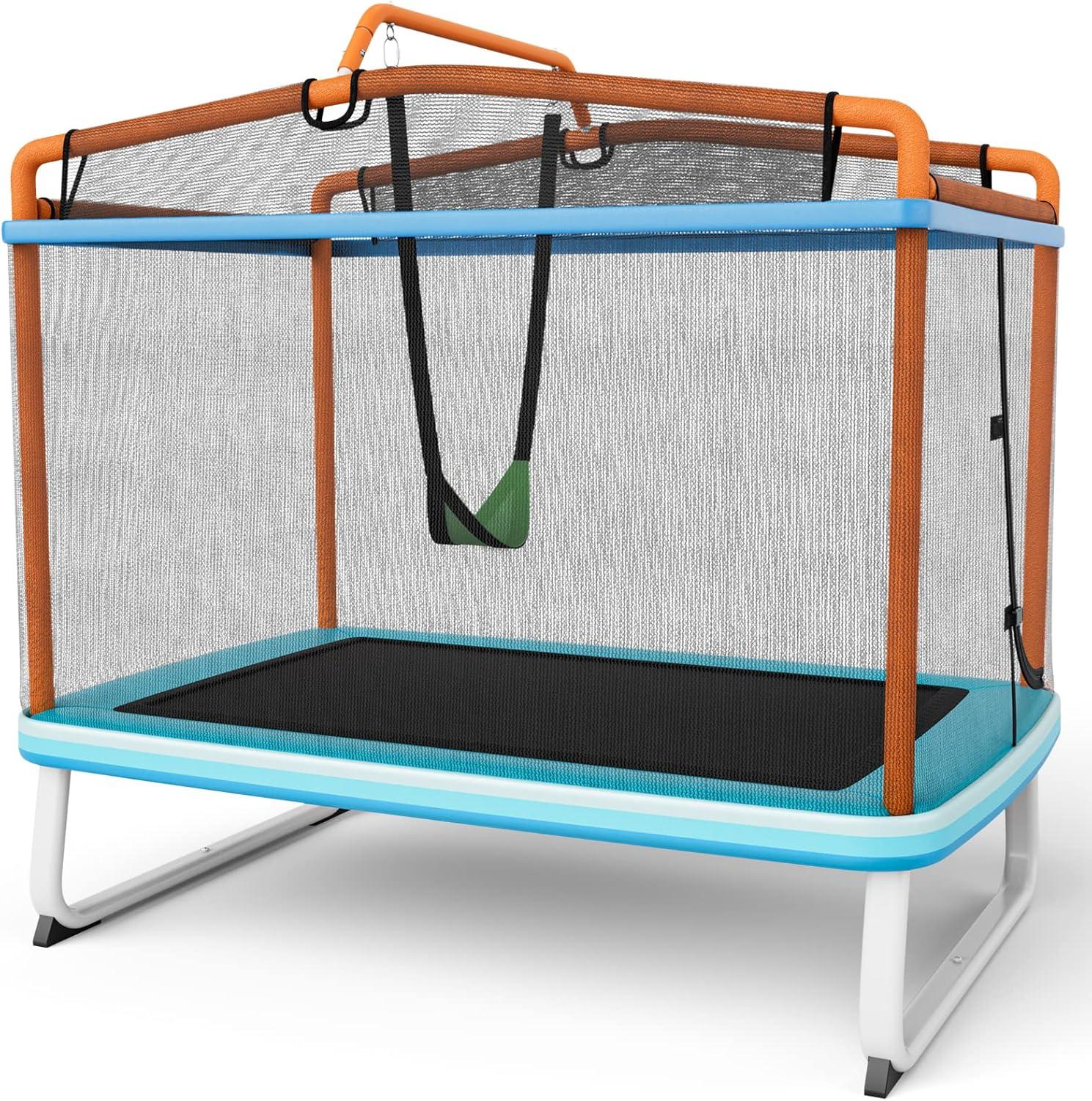 image:imageGiantex 6Ft Rectangle Trampoline with Swing ASTM Approved Mini Kids Trampoline with Net Horizontal Bar LShaped 2 Way Zippers Indoor Outdoor Small Recreational Trampoline for Toddler Age 3Blue Orange