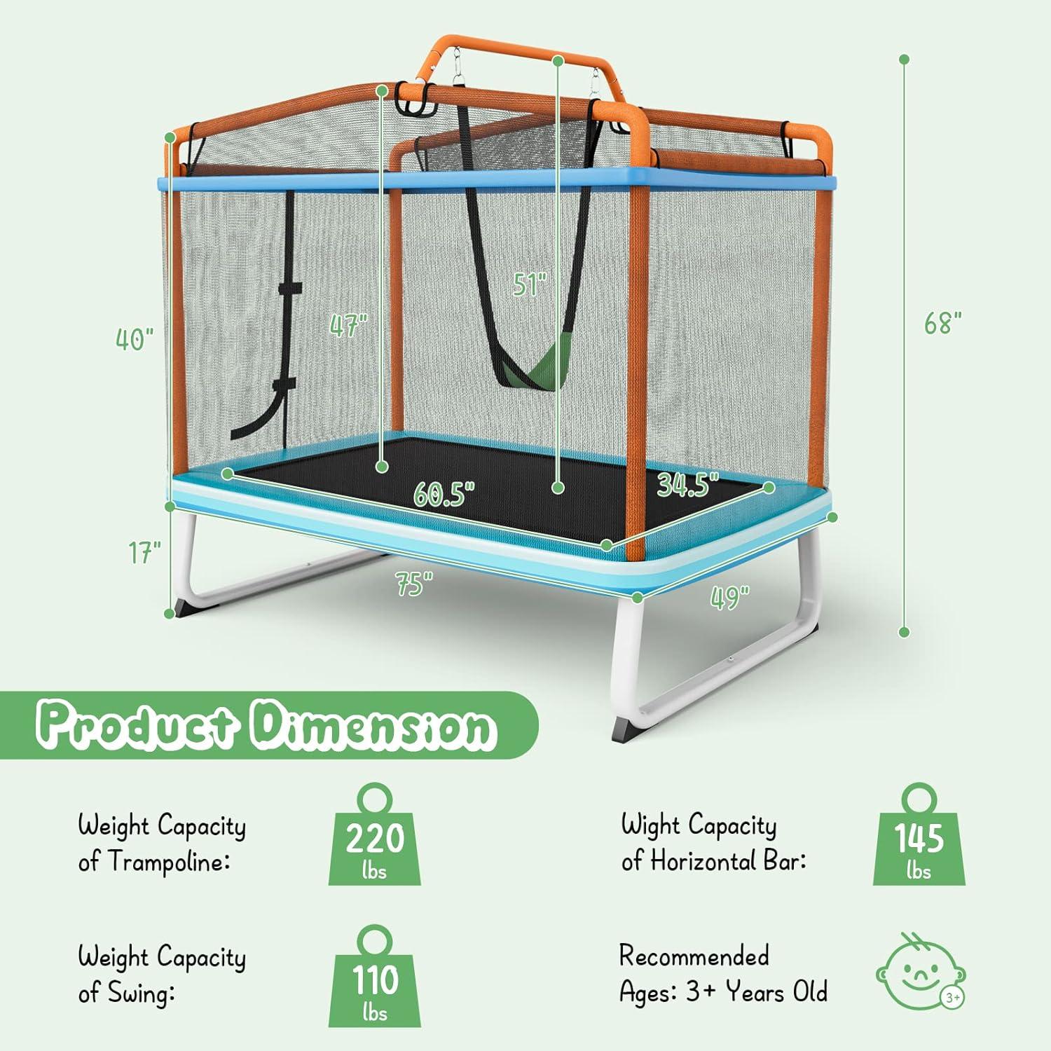 image:imageGiantex 6Ft Rectangle Trampoline with Swing ASTM Approved Mini Kids Trampoline with Net Horizontal Bar LShaped 2 Way Zippers Indoor Outdoor Small Recreational Trampoline for Toddler Age 3Blue Orange