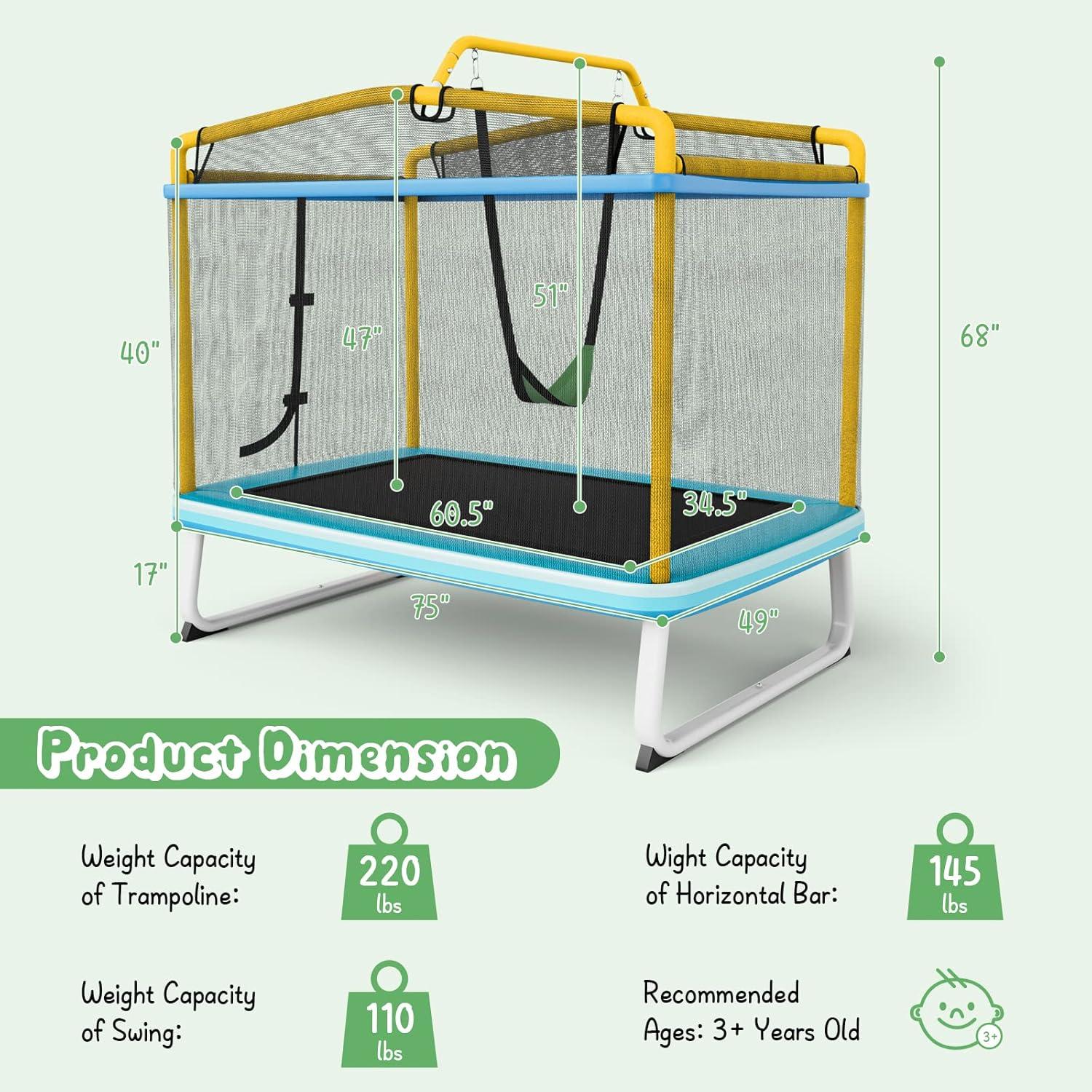 image:imageGiantex 6Ft Rectangle Trampoline with Swing ASTM Approved Mini Kids Trampoline with Net Horizontal Bar LShaped 2 Way Zippers Indoor Outdoor Small Recreational Trampoline for Toddler Age 3Blue Yellow