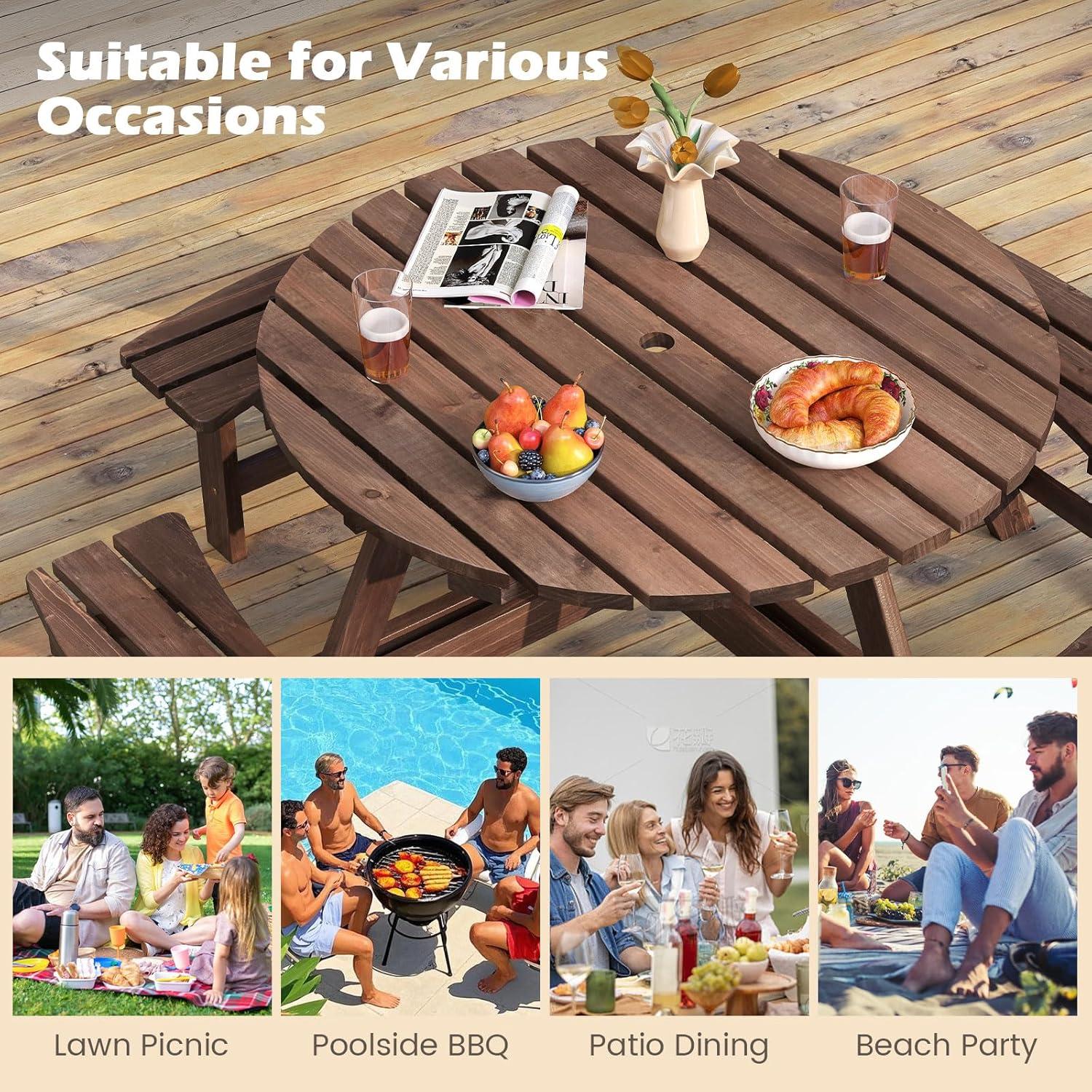 image:imageGiantex 6Person Round Picnic Table Set with 3 Benches 550 LBS Bench Capacity 2 Umbrella Hole Circular Outdoor Wood Dining Table amp Chairs for Patio Yard Garden Porch Deck 68x62x28BrownBrown
