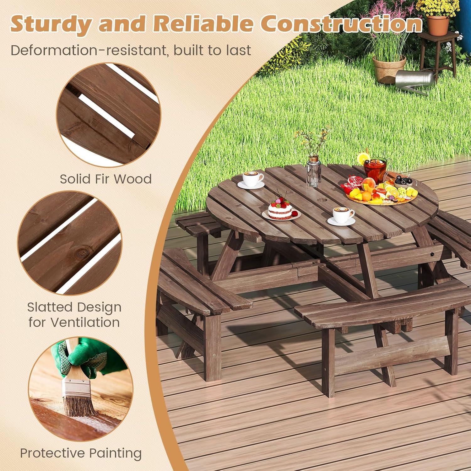 image:imageGiantex 6Person Round Picnic Table Set with 3 Benches 550 LBS Bench Capacity 2 Umbrella Hole Circular Outdoor Wood Dining Table amp Chairs for Patio Yard Garden Porch Deck 68x62x28BrownBrown