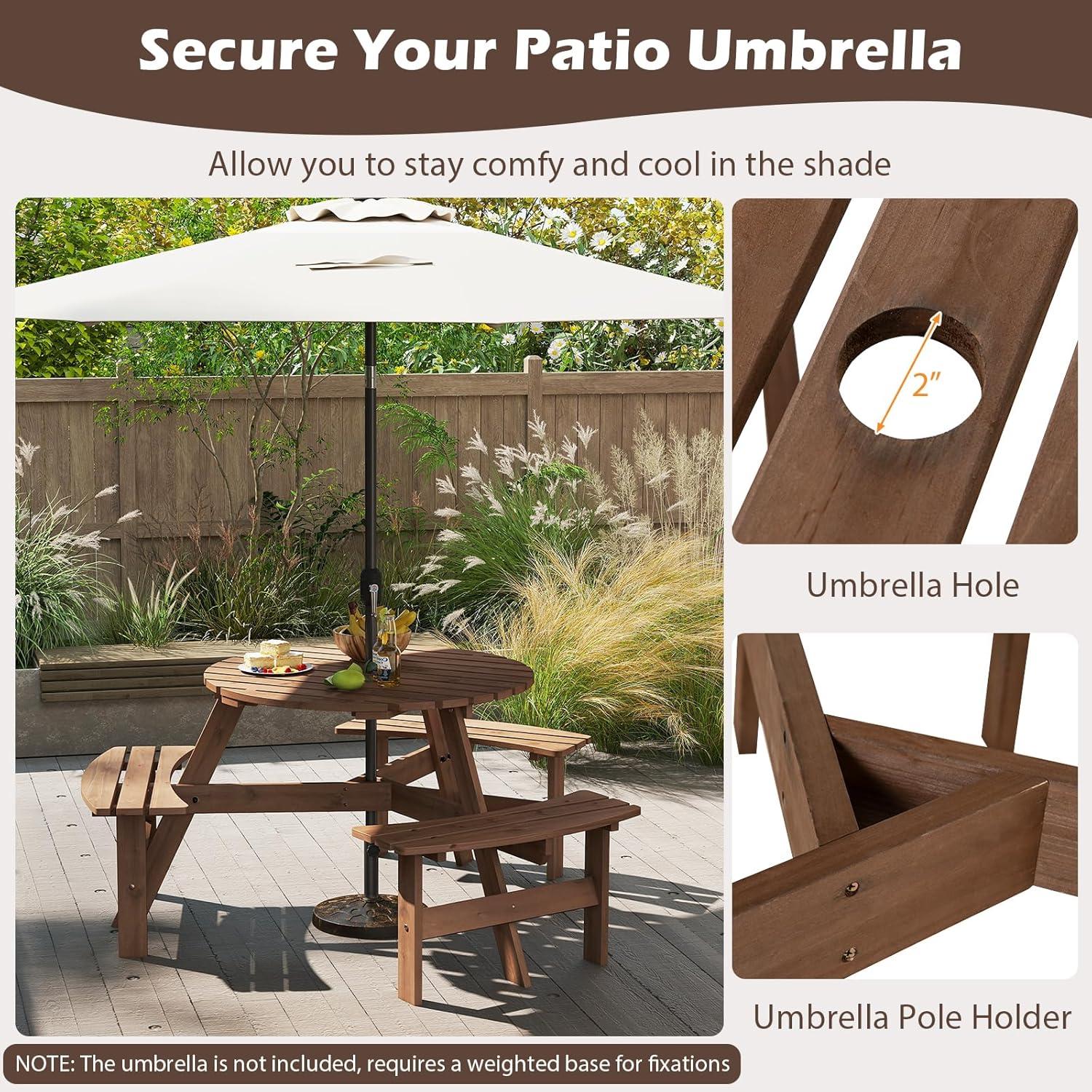 image:imageGiantex 6Person Round Picnic Table Set with 3 Benches 550 LBS Bench Capacity 2 Umbrella Hole Circular Outdoor Wood Dining Table amp Chairs for Patio Yard Garden Porch Deck 68x62x28BrownBrown