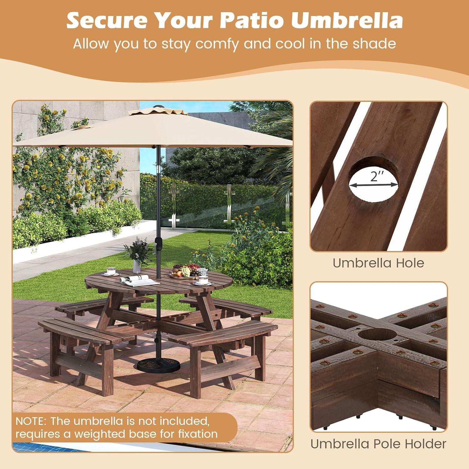 image:imageGiantex 6Person Round Picnic Table Set with 3 Benches 550 LBS Bench Capacity 2 Umbrella Hole Circular Outdoor Wood Dining Table amp Chairs for Patio Yard Garden Porch Deck 68x62x28BrownBrown
