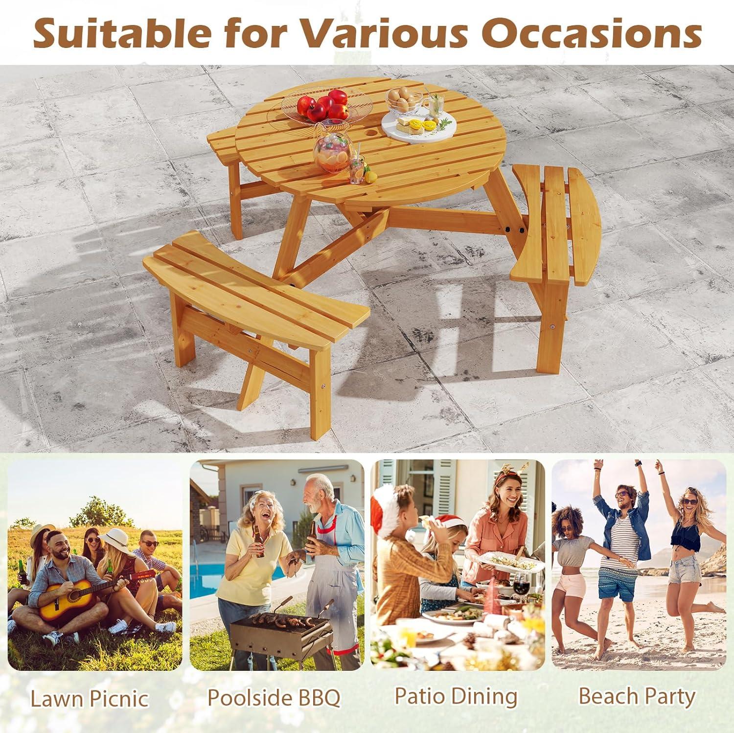 image:imageGiantex 6Person Round Picnic Table Set with 3 Benches 550 LBS Bench Capacity 2 Umbrella Hole Circular Outdoor Wood Dining Table amp Chairs for Patio Yard Garden Porch Deck 68x62x28BrownYellow