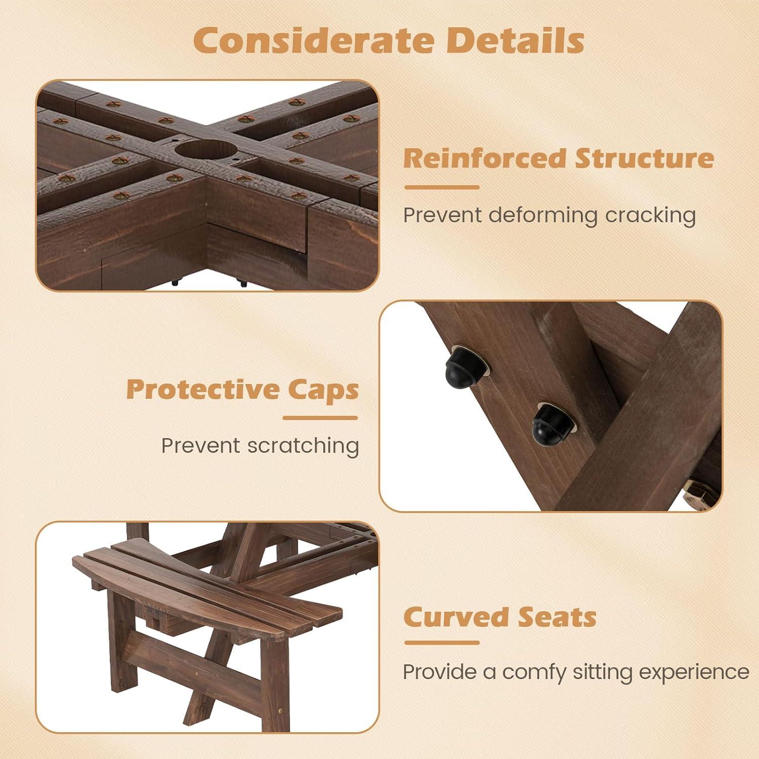 image:imageGiantex 6Person Round Picnic Table Set with 3 Benches 550 LBS Bench Capacity 2 Umbrella Hole Circular Outdoor Wood Dining Table amp Chairs for Patio Yard Garden Porch Deck 68x62x28BrownBrown