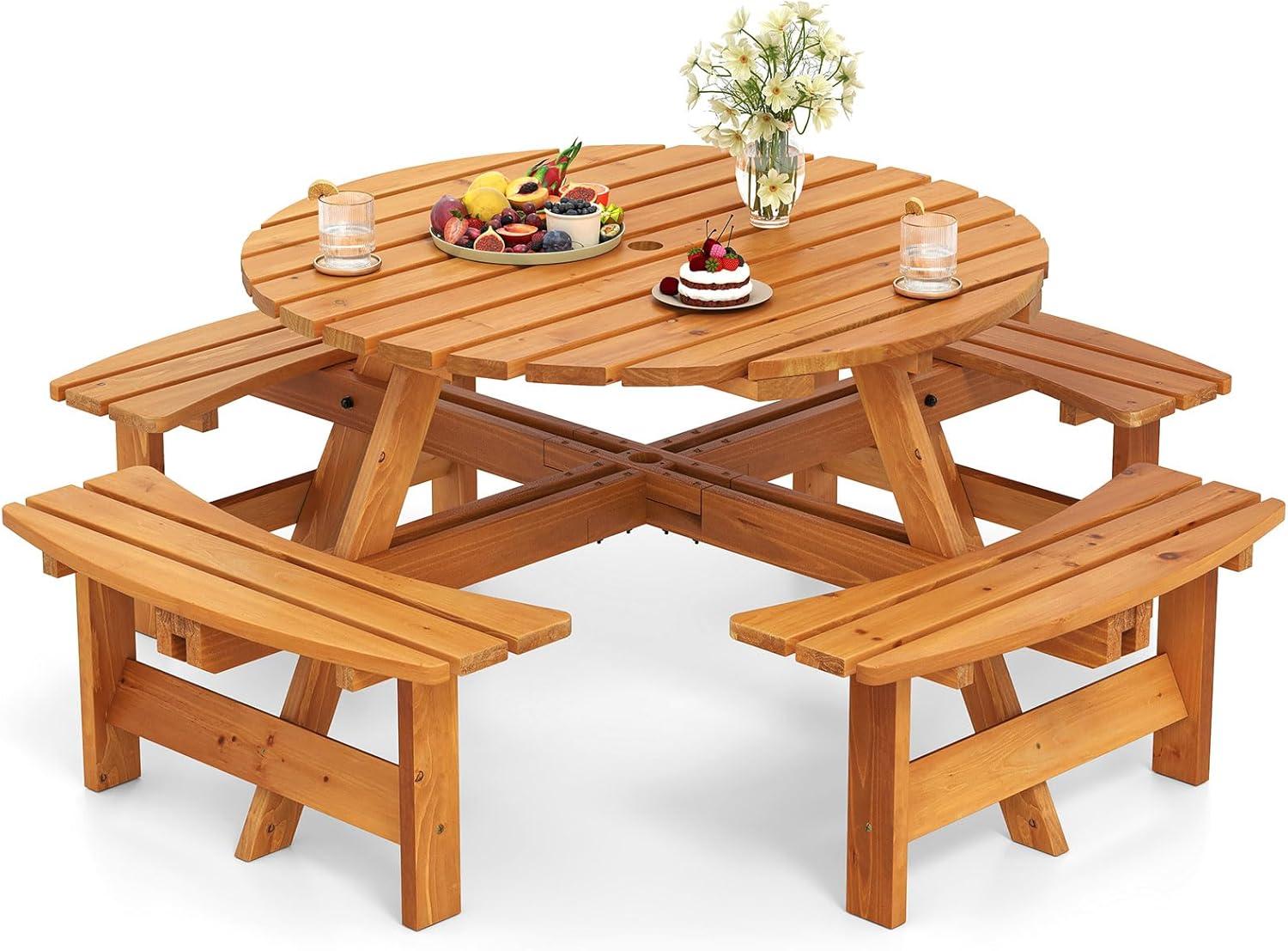 image:imageGiantex 6Person Round Picnic Table Set with 3 Benches 550 LBS Bench Capacity 2 Umbrella Hole Circular Outdoor Wood Dining Table amp Chairs for Patio Yard Garden Porch Deck 68x62x28BrownYellow